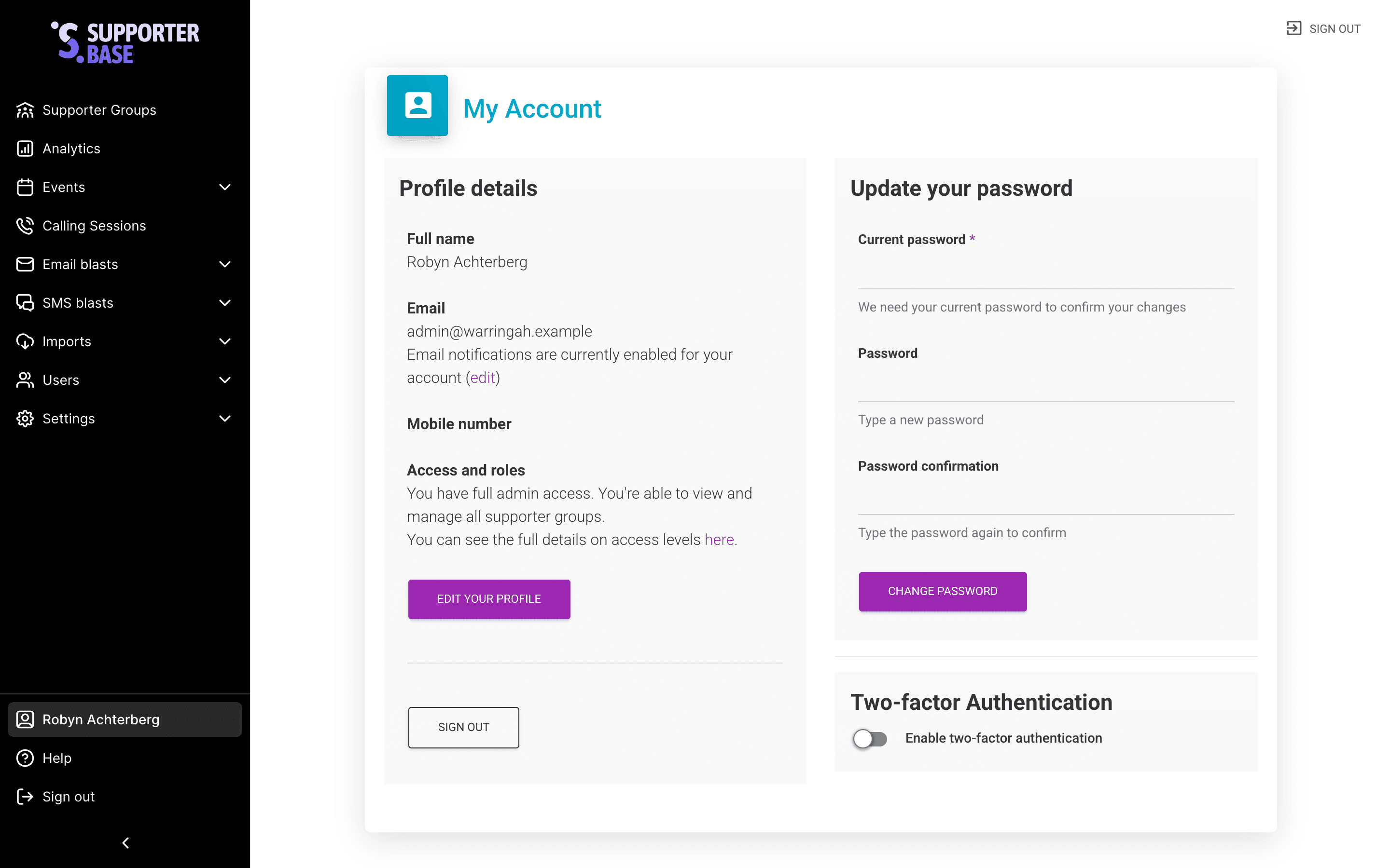 My Account page with the user's name in the left-hand navigation and the Two-factor Authentication panel both highlighted