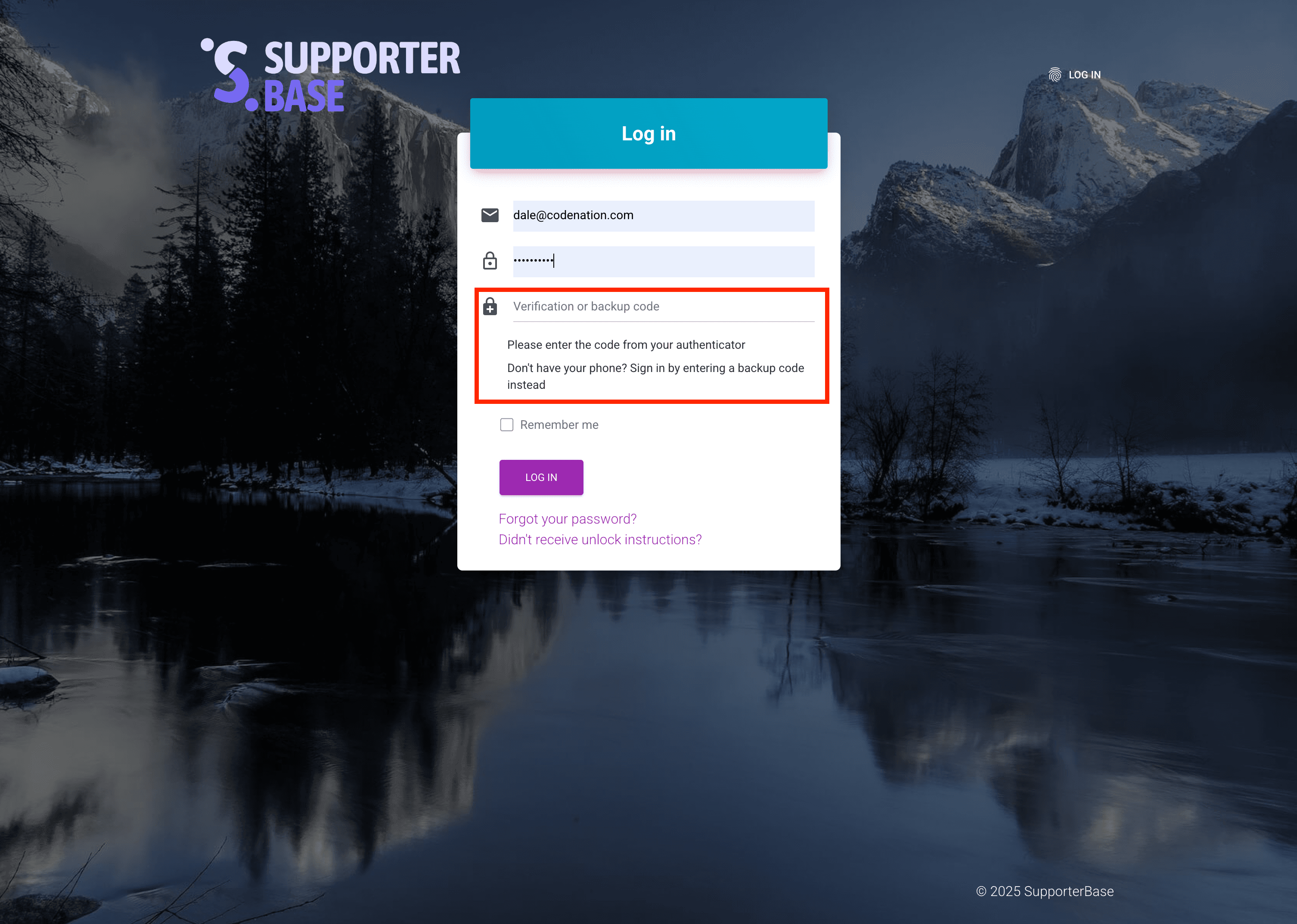 Authentication Code dialog over the account page, with the code field empty and the Confirm button below it
