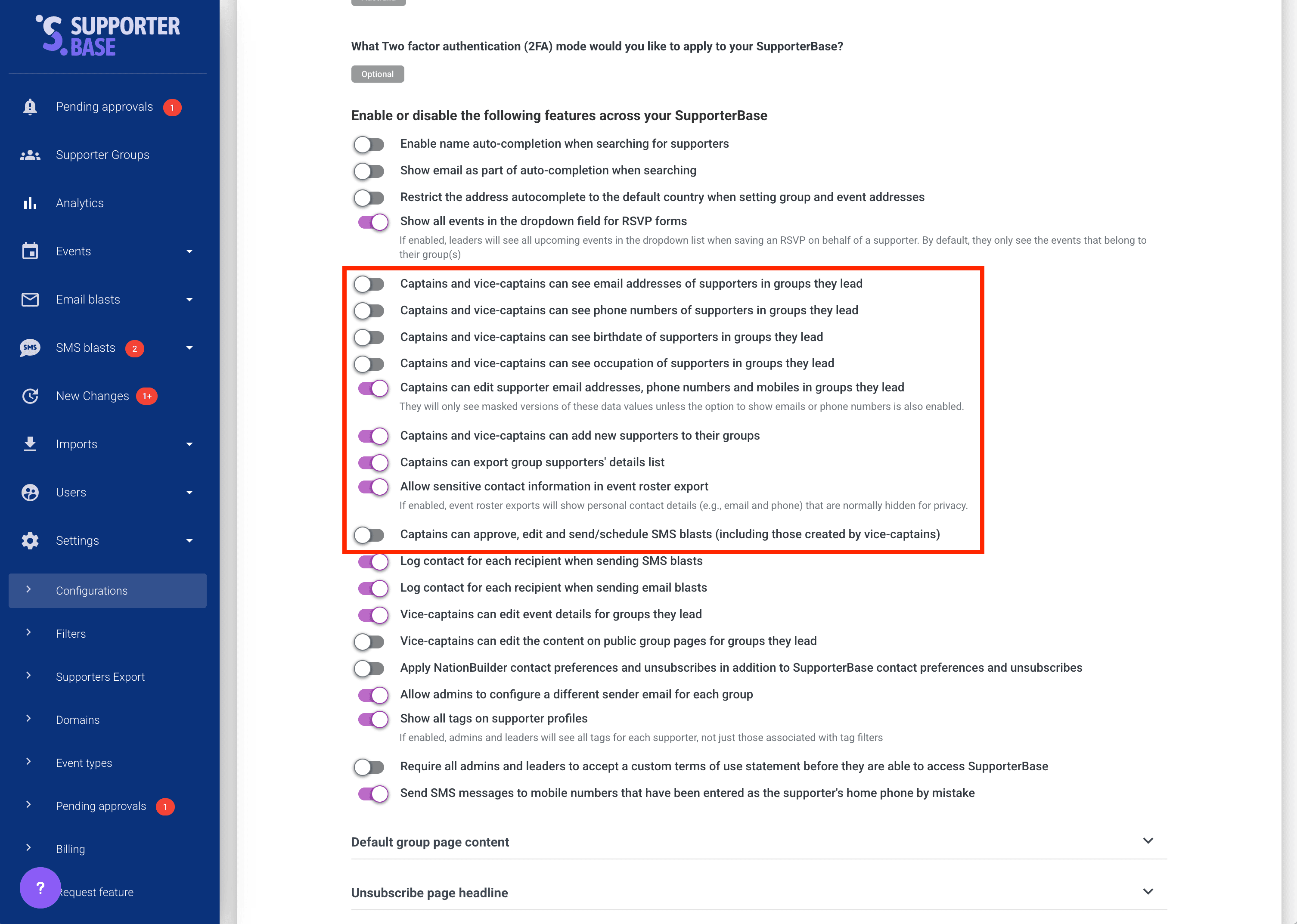 Access levels table comparing what admins, captains and vice-captains can do