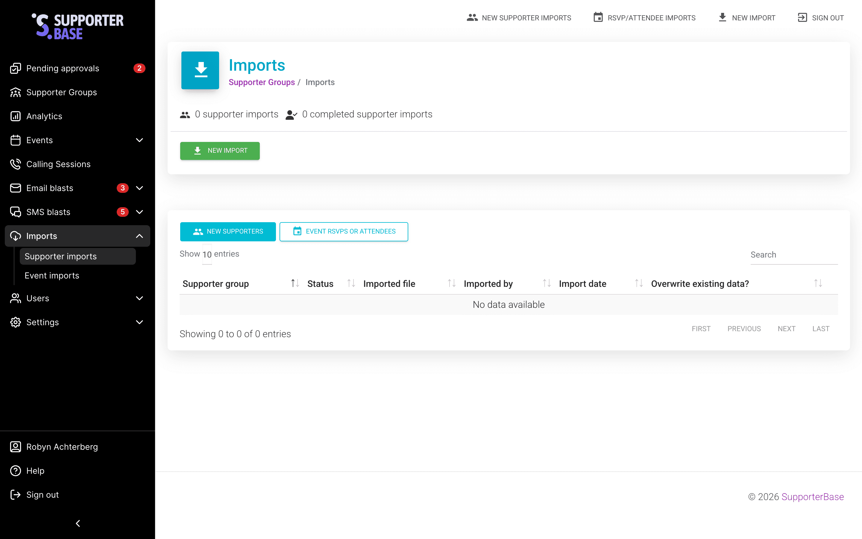 Supporter imports page with the New Import button highlighted, listing past completed imports