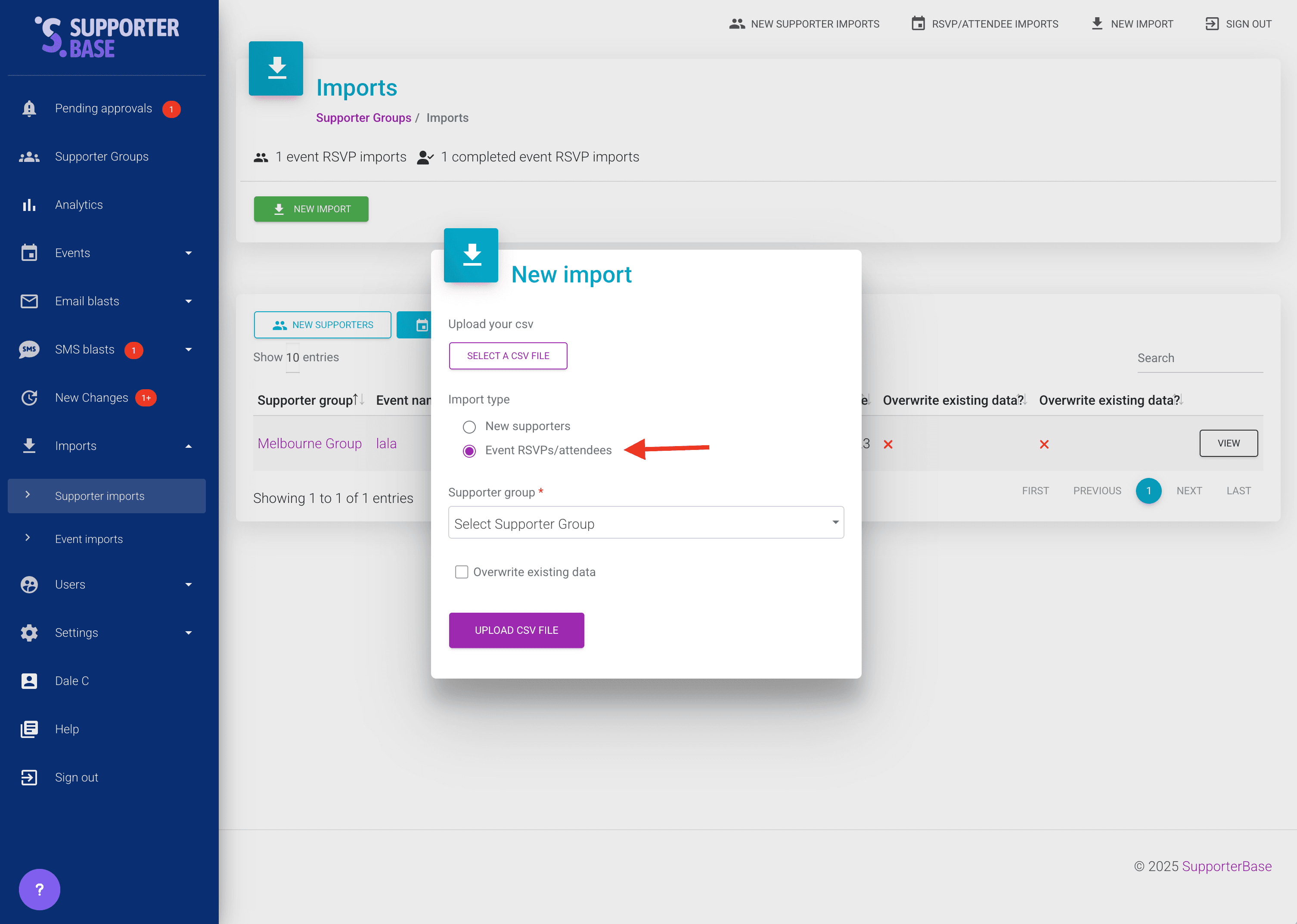 New import modal with the Event RSVPs/attendees import type option highlighted