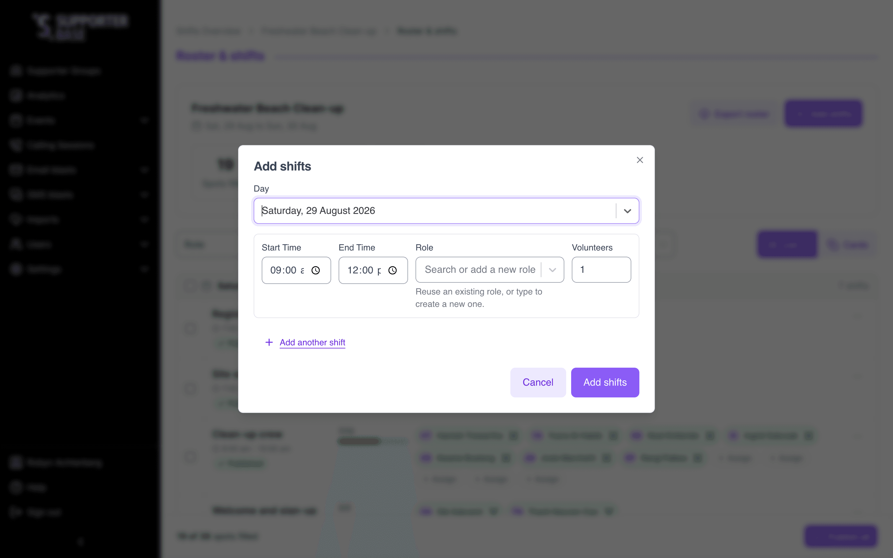 Add shifts dialog showing the day, start and end time, role and volunteer count fields