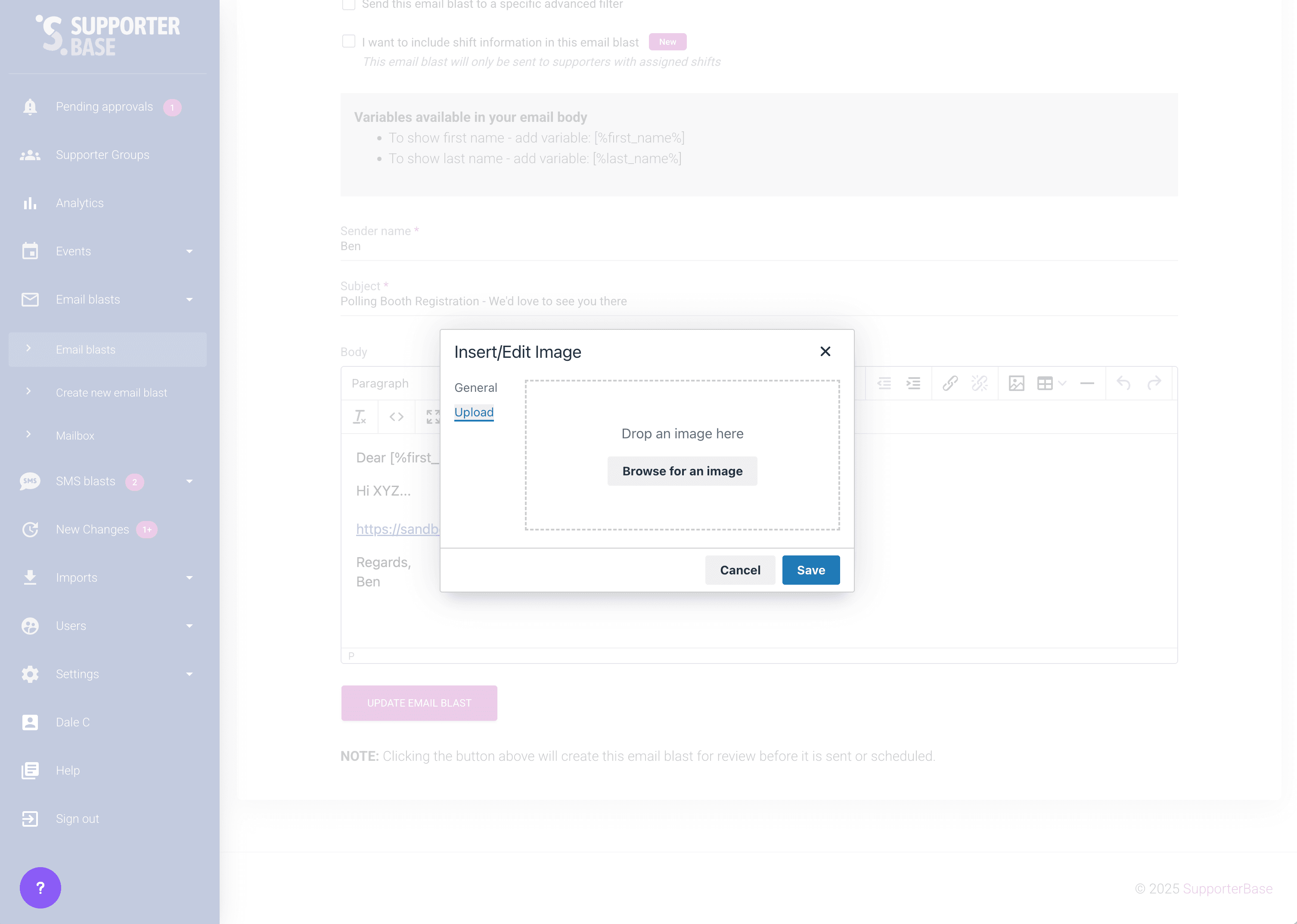 Image dialog after an upload, with the source URL and dimensions filled in on the General tab