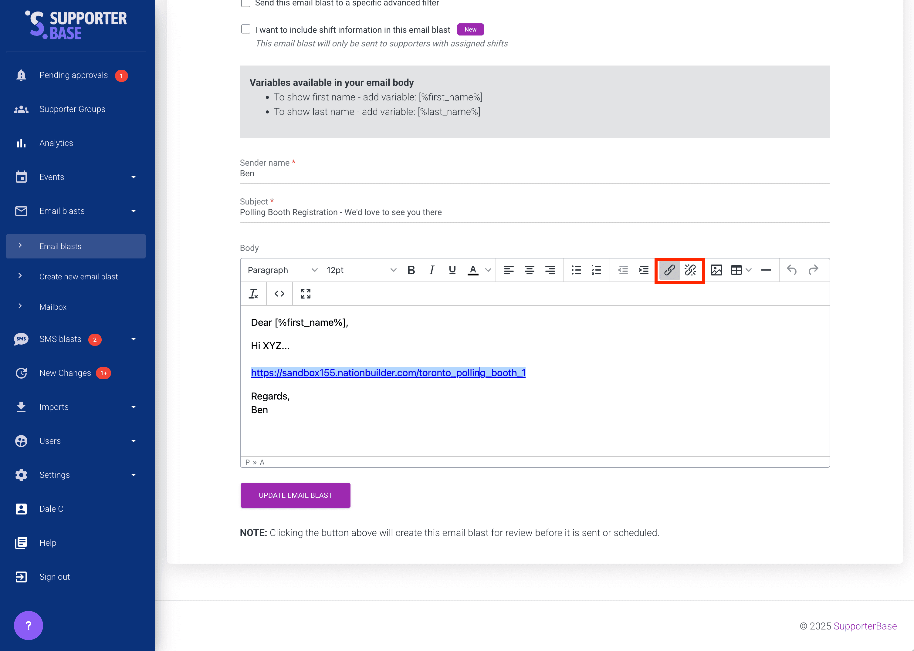 Group page with More actions open and Set group sender email in the menu