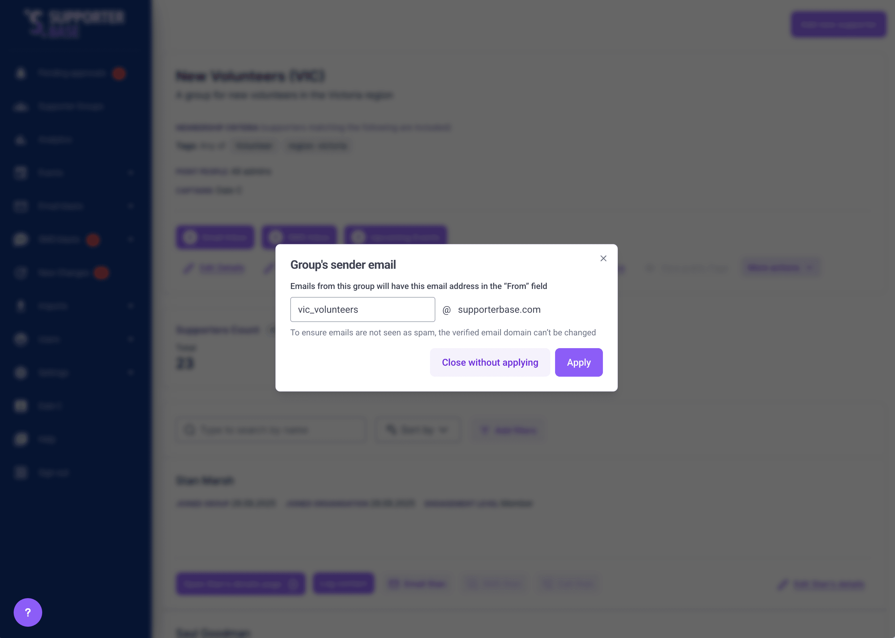 Set group sender email dialog, with the address field and the fixed domain beside it