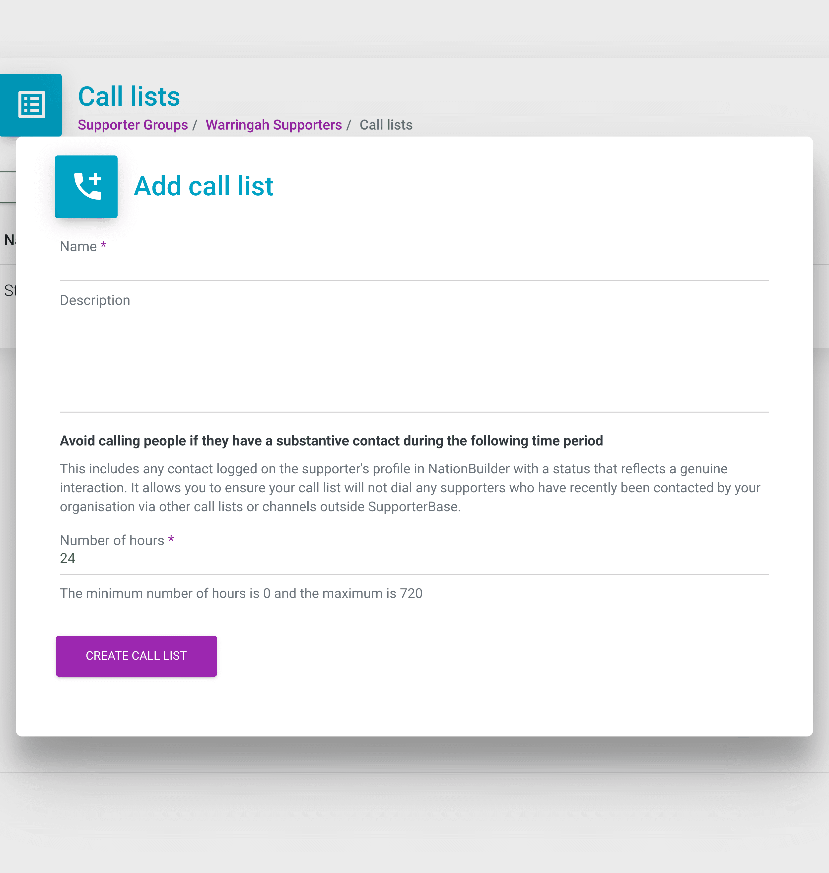 Add call list dialog with the name, description and exclusion period fields