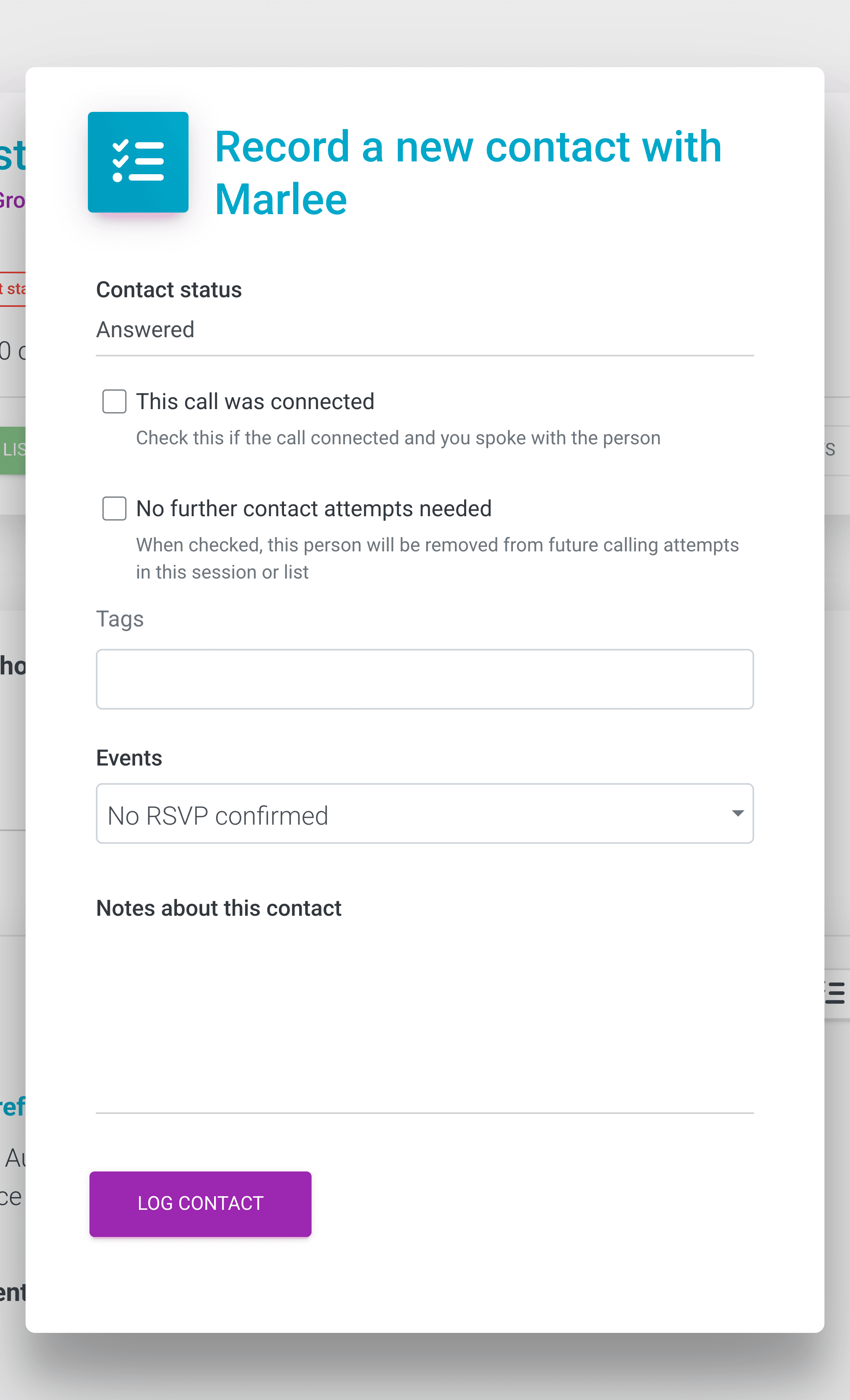 Record a new contact dialog with the Contact status options and the This call was connected checkbox