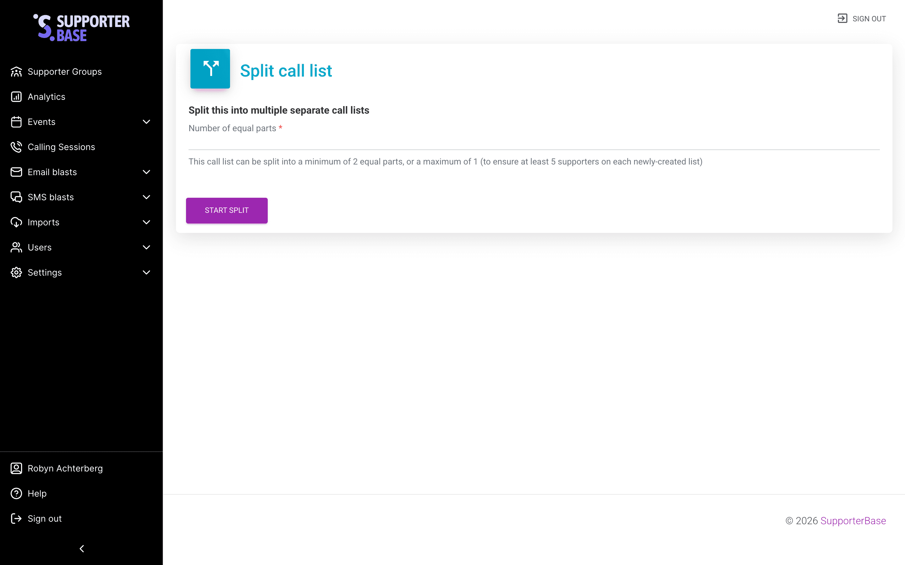Split call list page with the Number of equal parts field, its minimum and maximum hint, and the Start split button