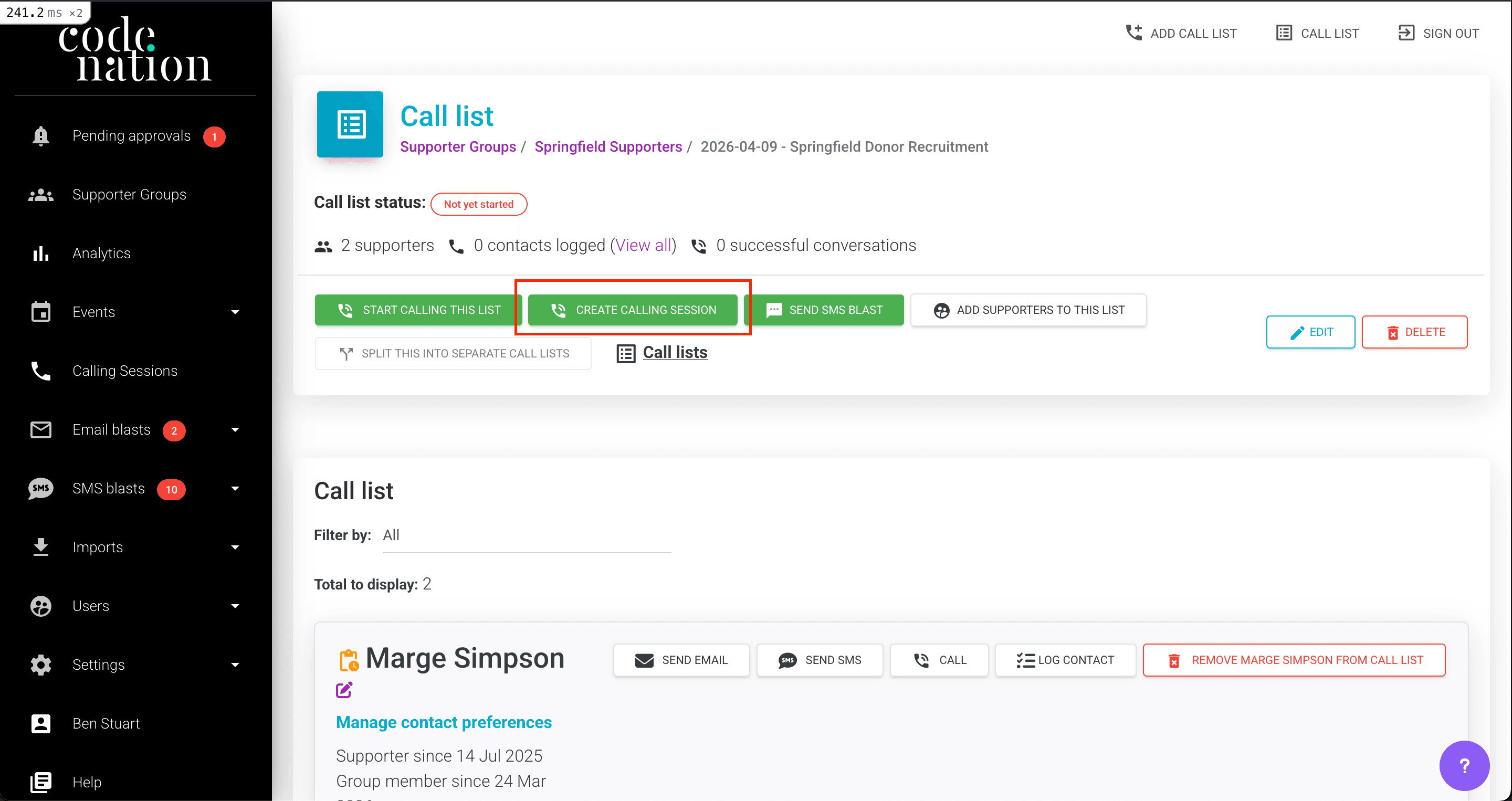 Start a calling session button on a call list