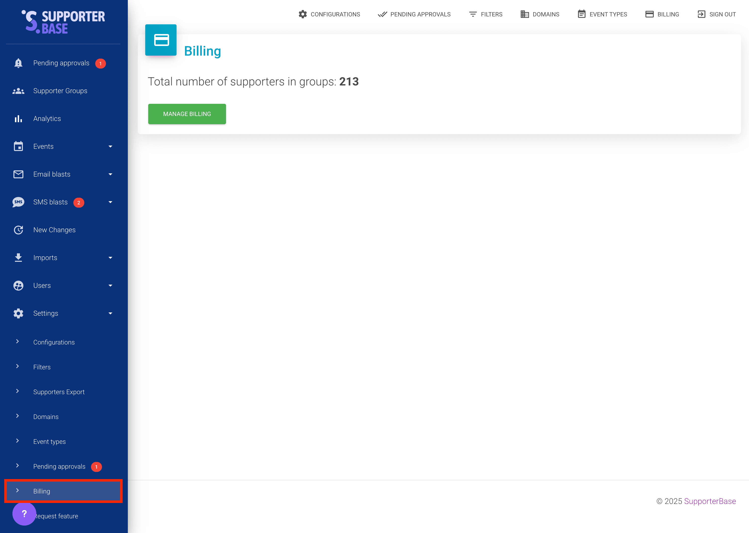 Billing portal summary of expected charges based on current supporter numbers