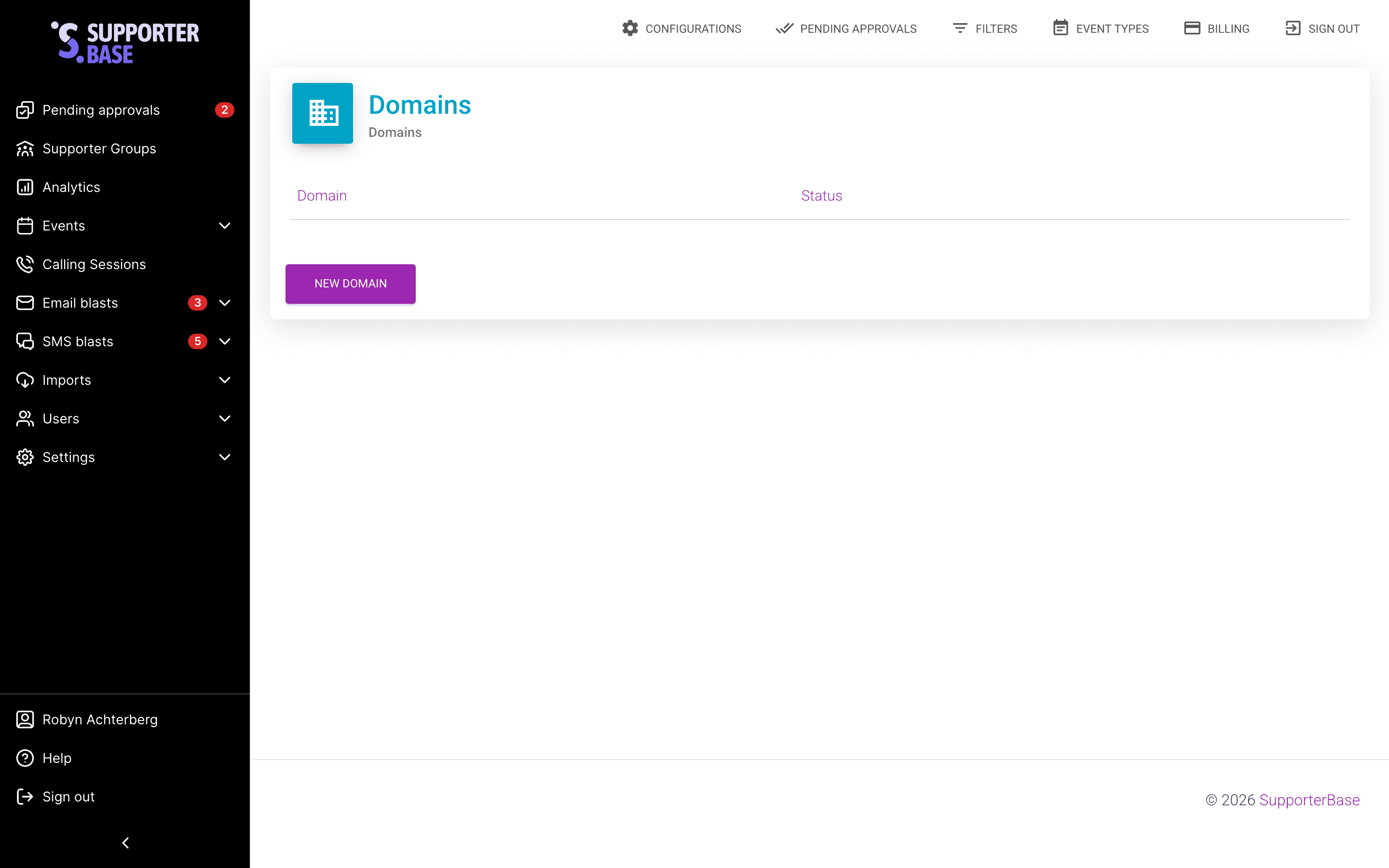 Domains page listing configured domains, with New domain above the list