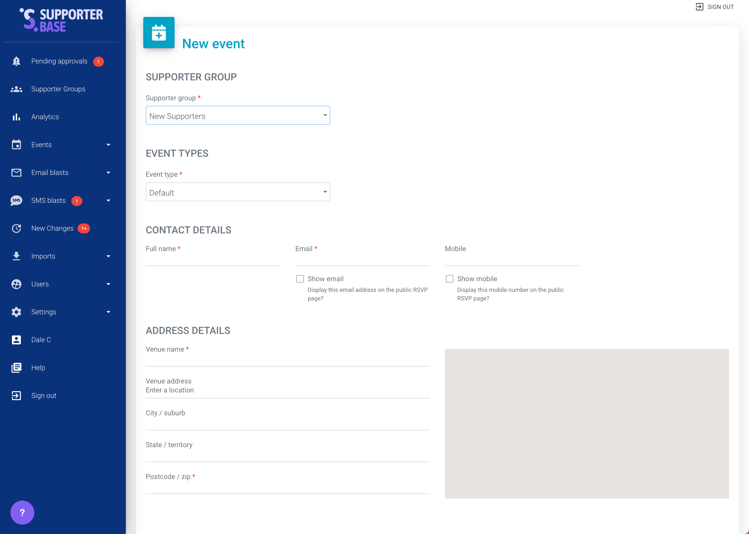 New event creation form with supporter group, event type, contact and address detail fields