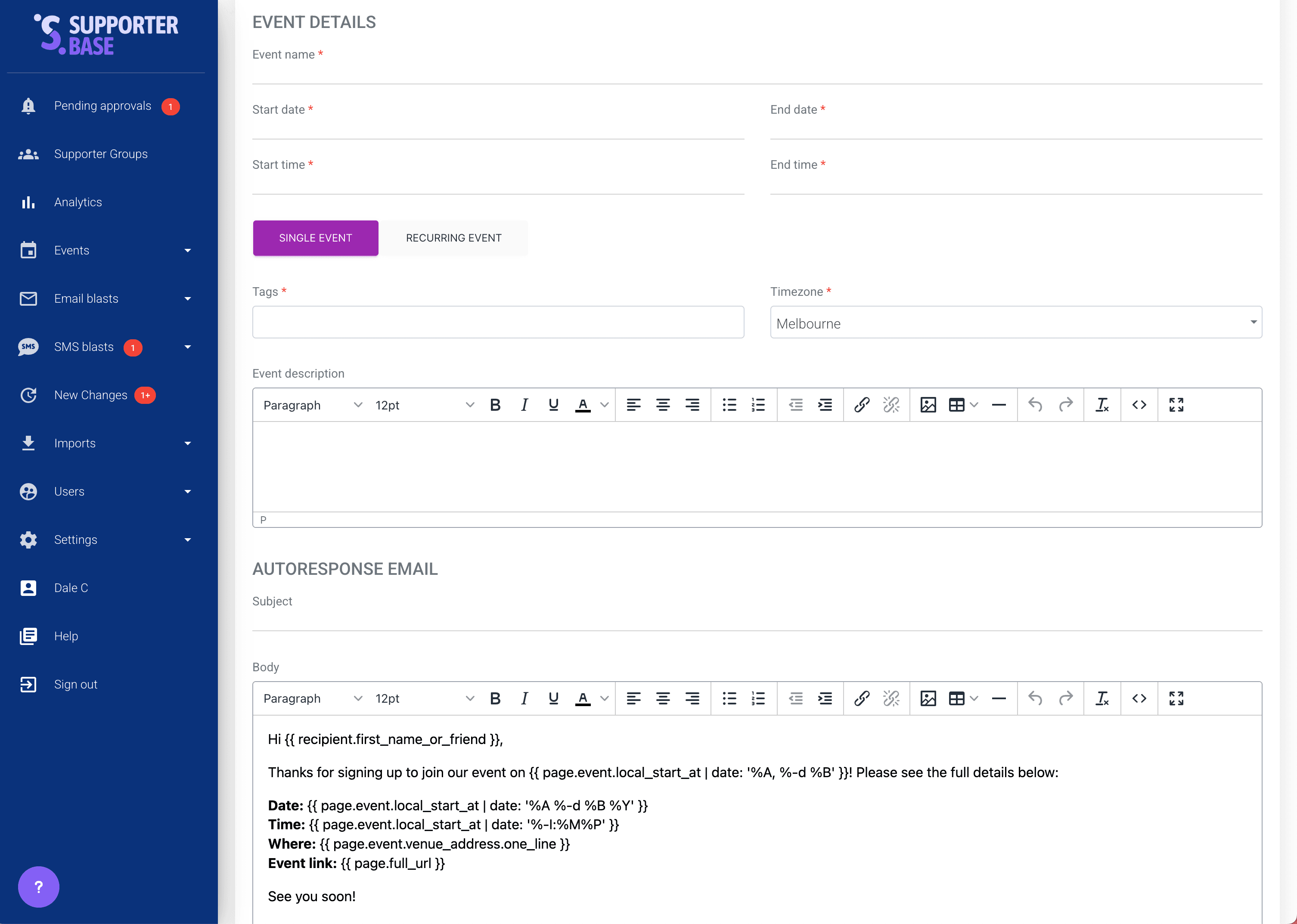 Event Details form showing the autoresponse RSVP email content, including liquid code placeholders
