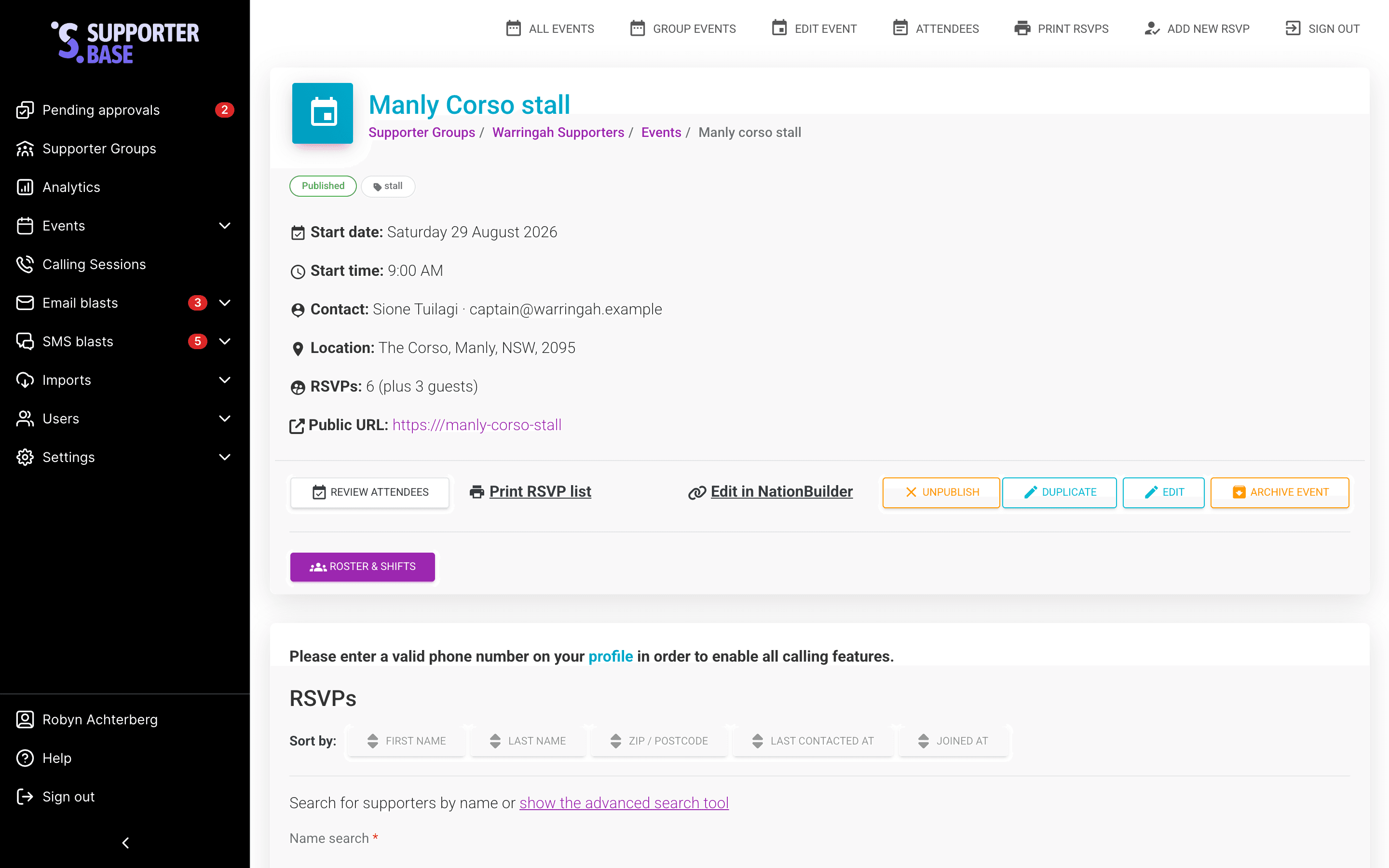 Published event overview page showing the RSVP count, public URL and event management actions