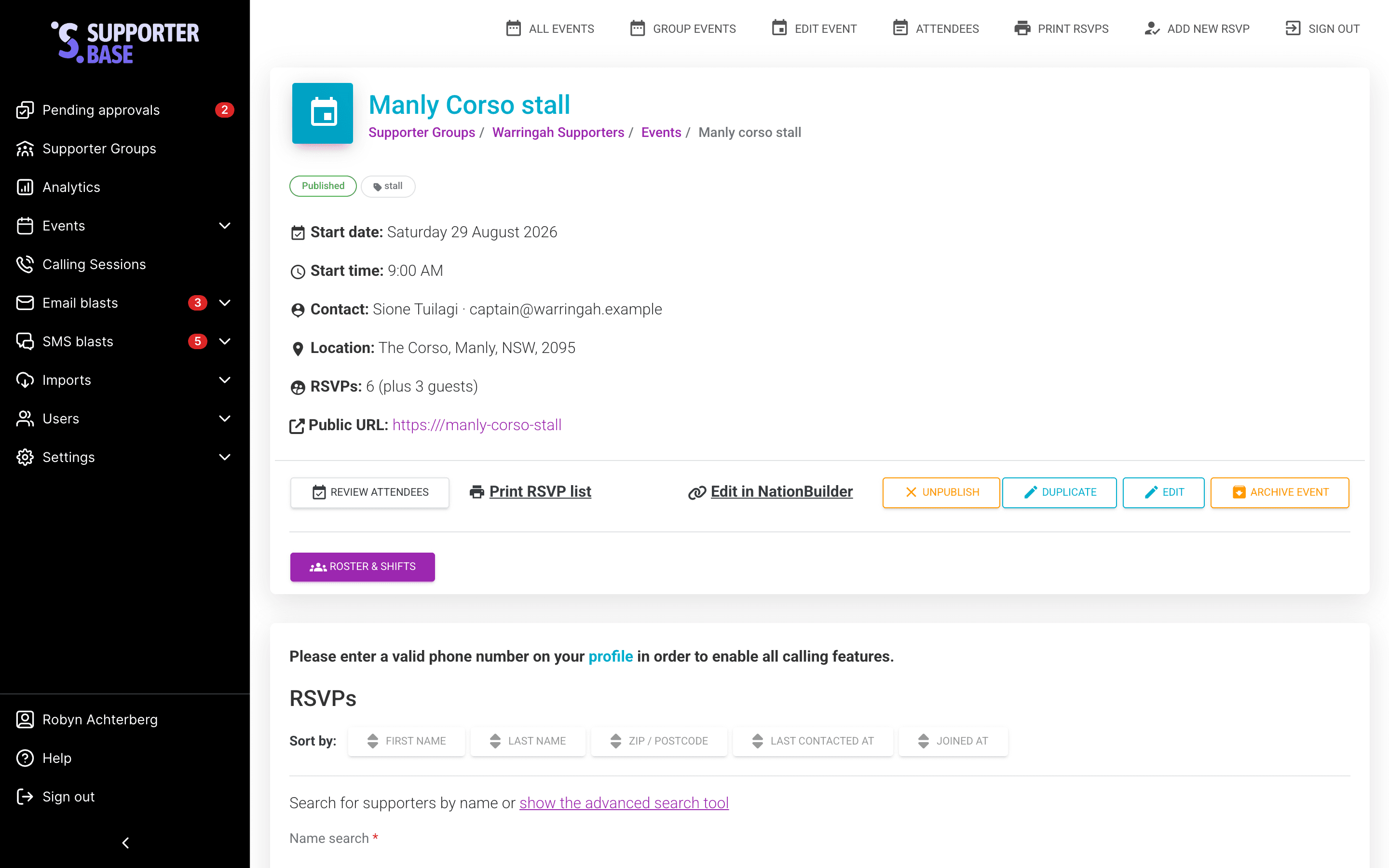 Event page with the RSVPs section highlighted, listing a supporter's RSVP and contact action buttons