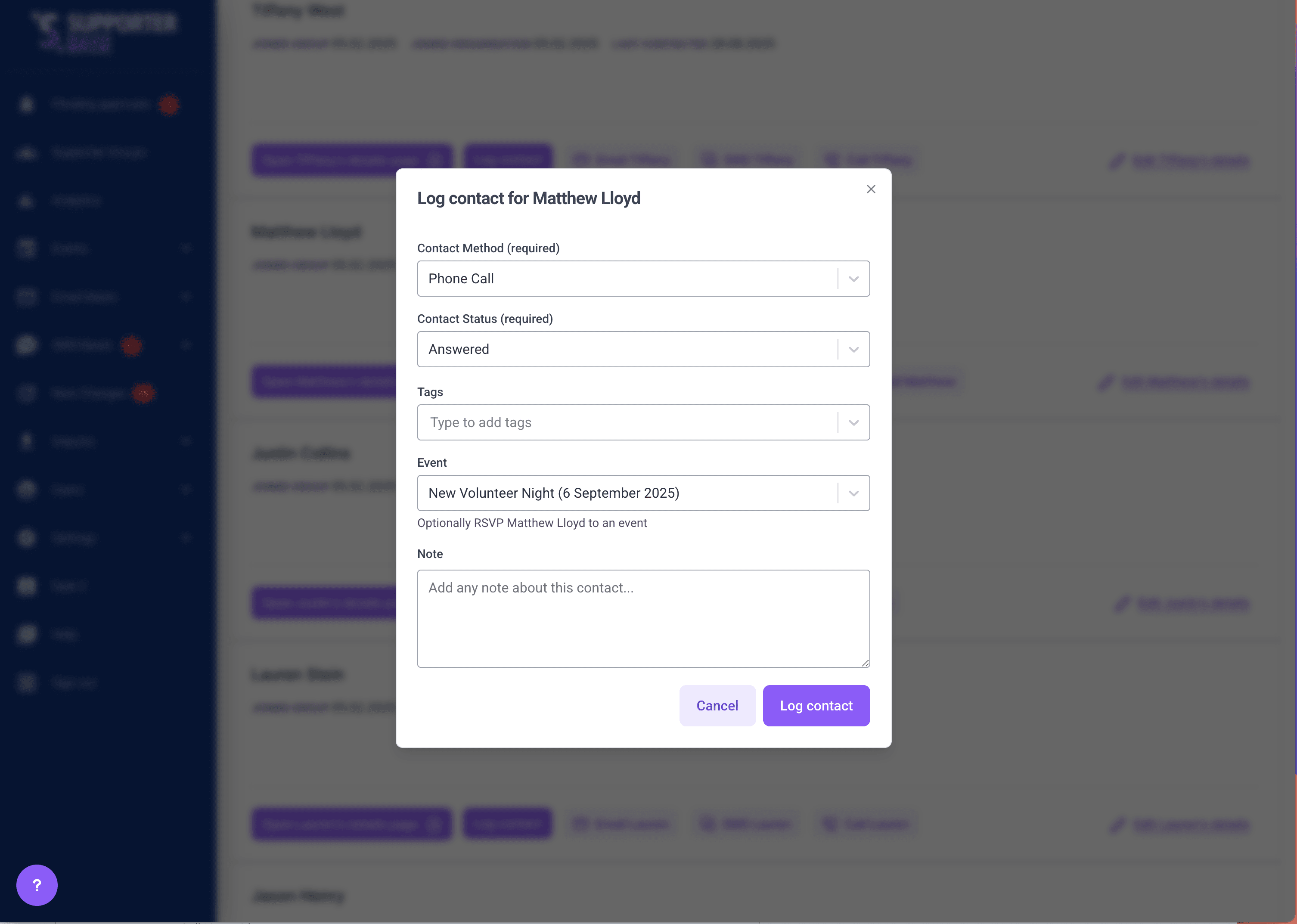 Log contact pop-up for a supporter, with contact method, status, tags, event and note fields