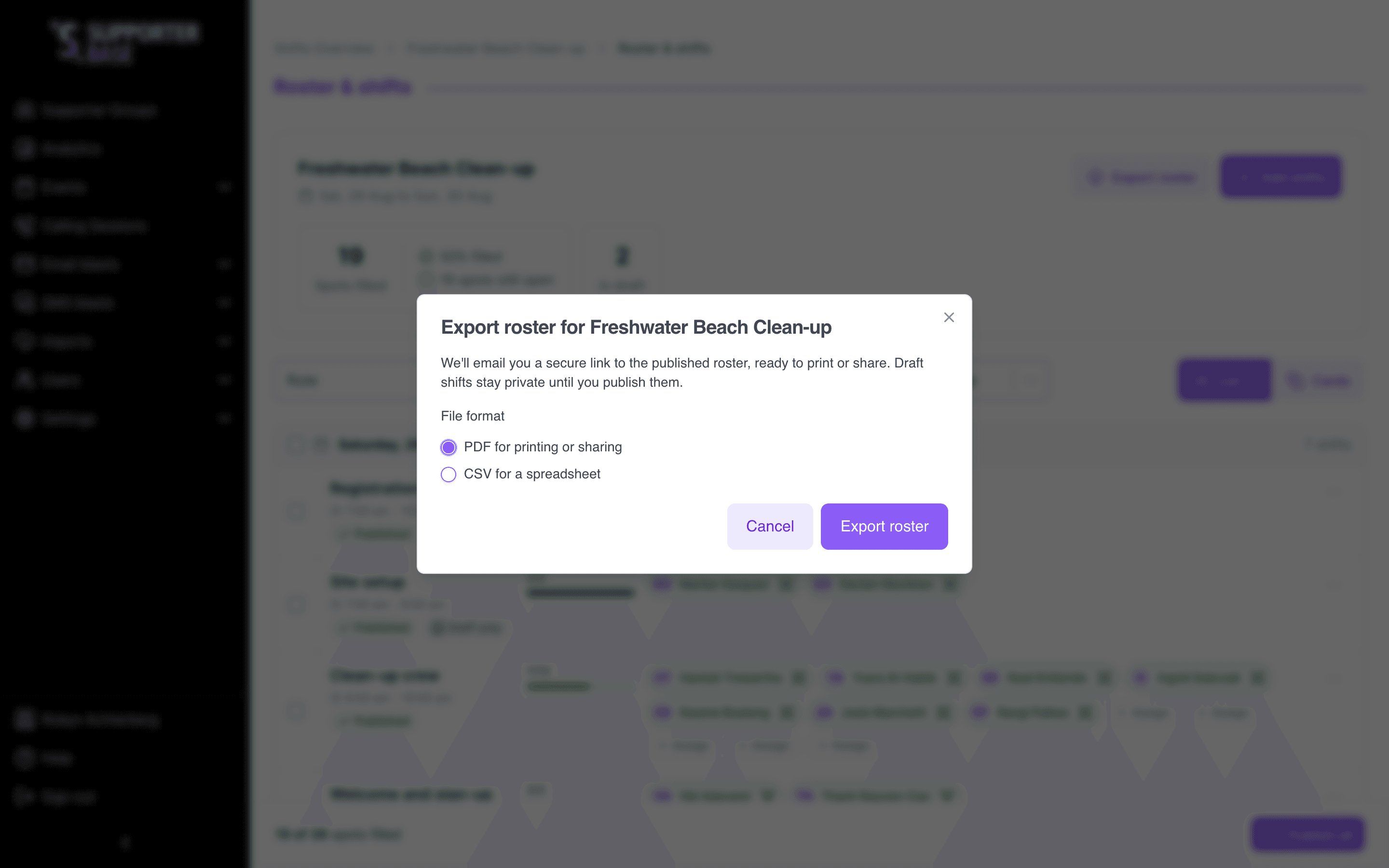 Export roster dialog with the PDF and CSV format options