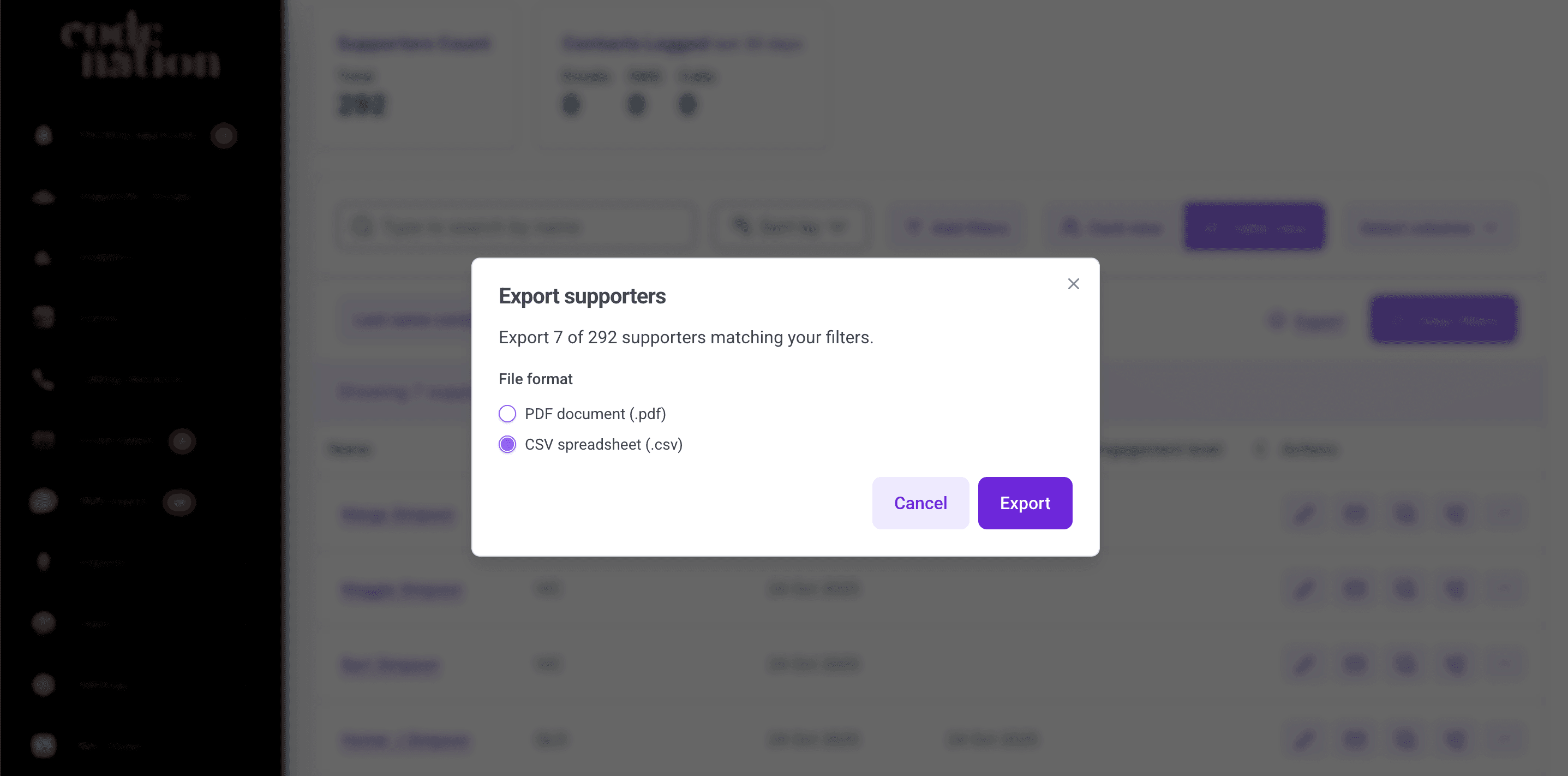 Export supporters dialog showing the PDF and CSV format options