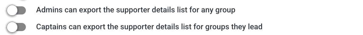The admin and captain export permission toggles in Configurations