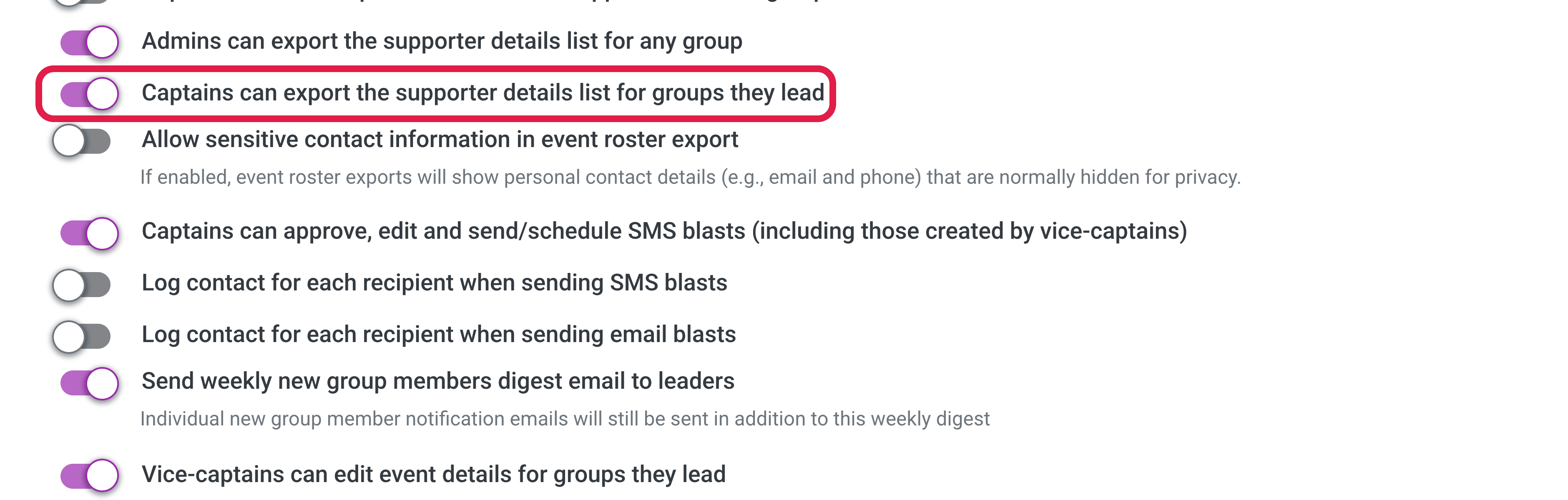 The export permission toggles in Configurations
