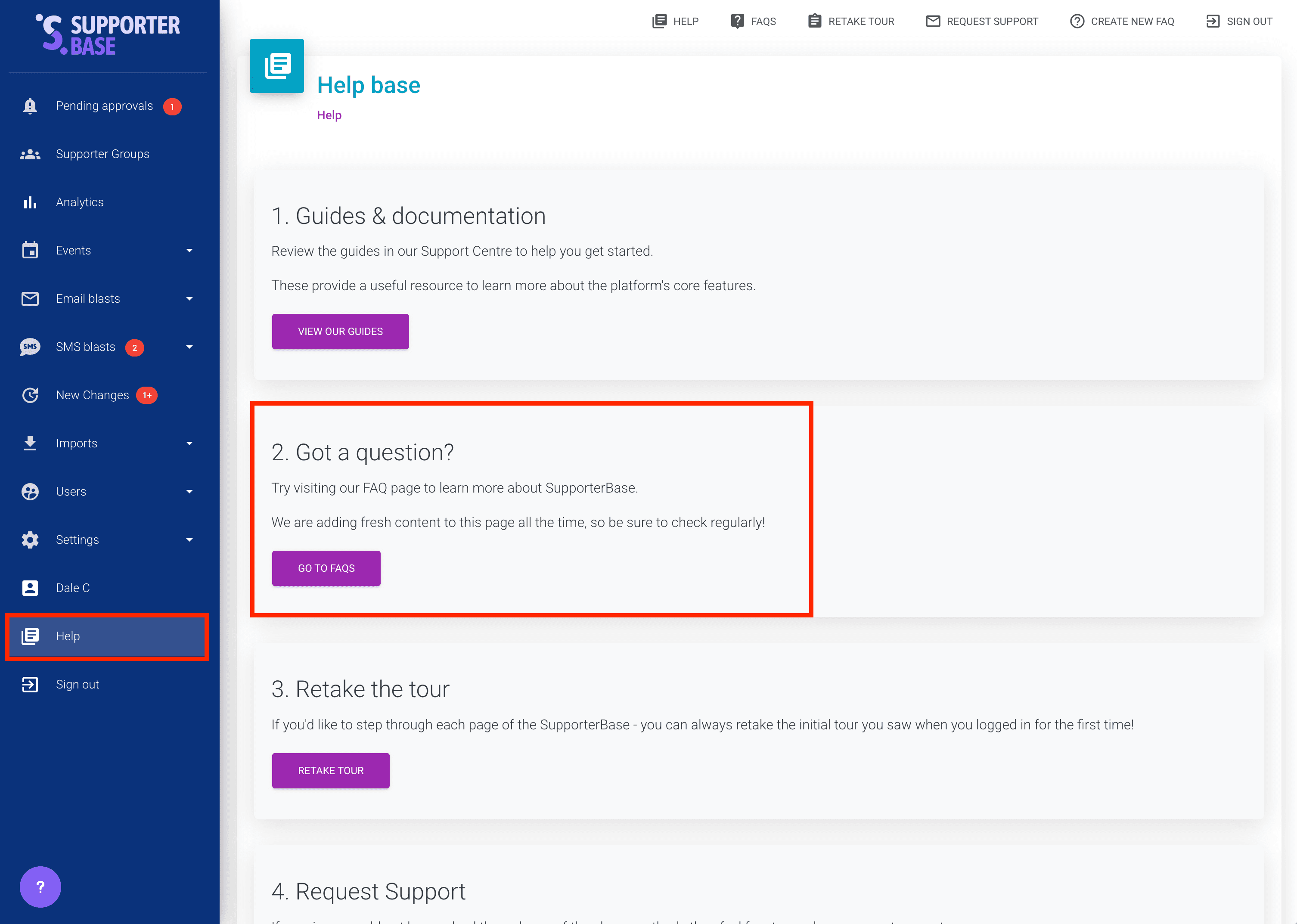 FAQ management interface