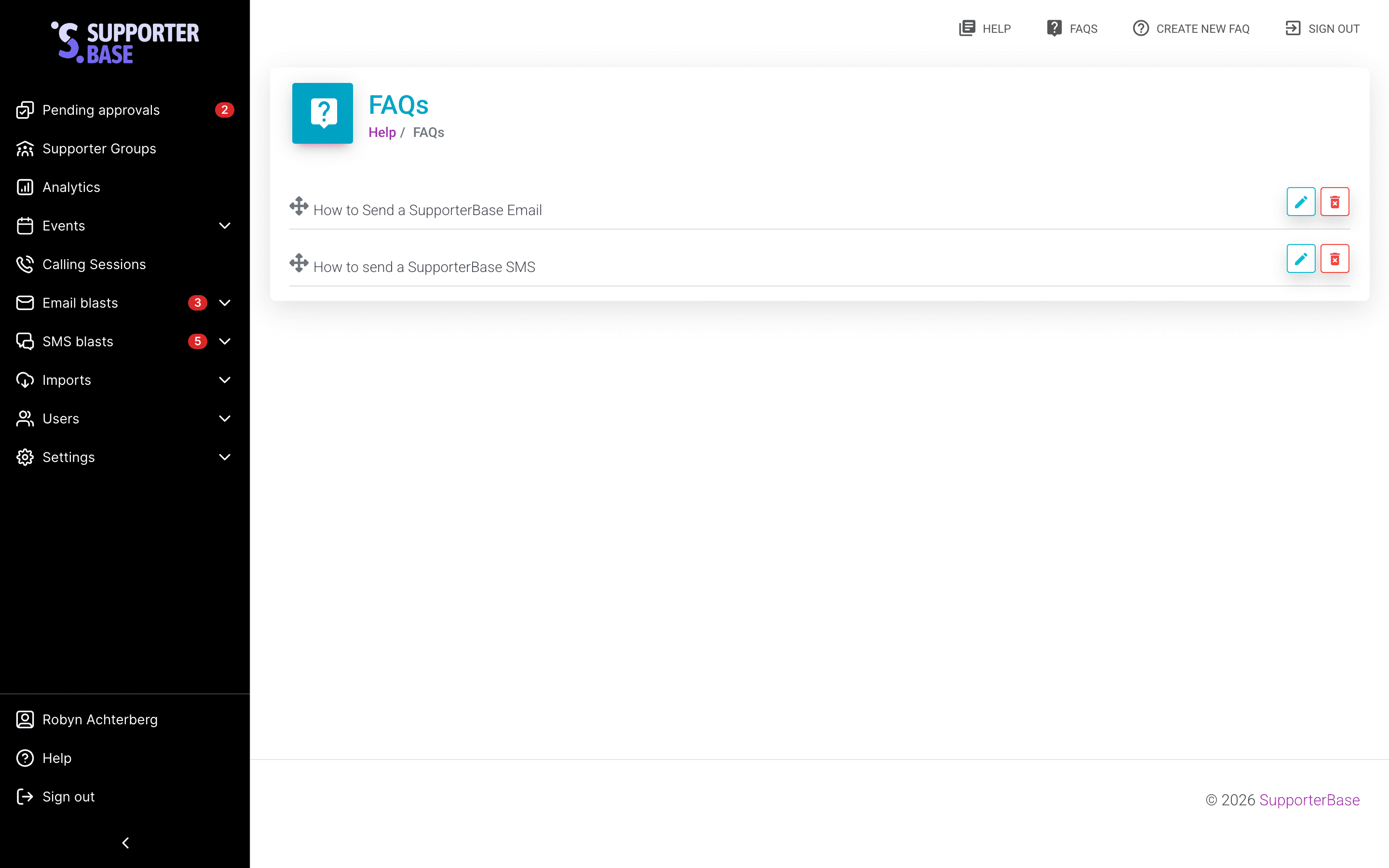 FAQs page listing published questions, each with an edit and a delete control