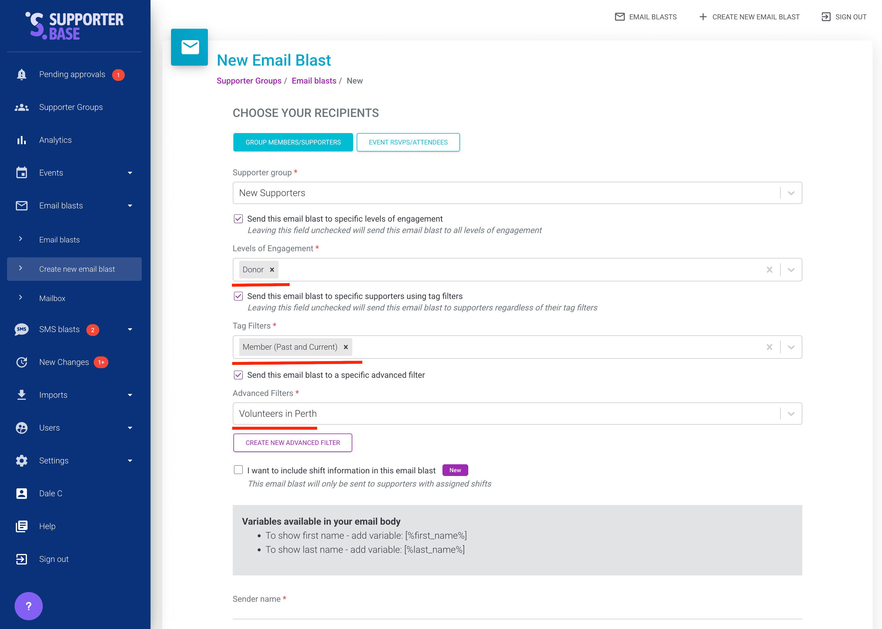 New email blast recipients form with the levels of engagement, tag filter and advanced filter selectors highlighted