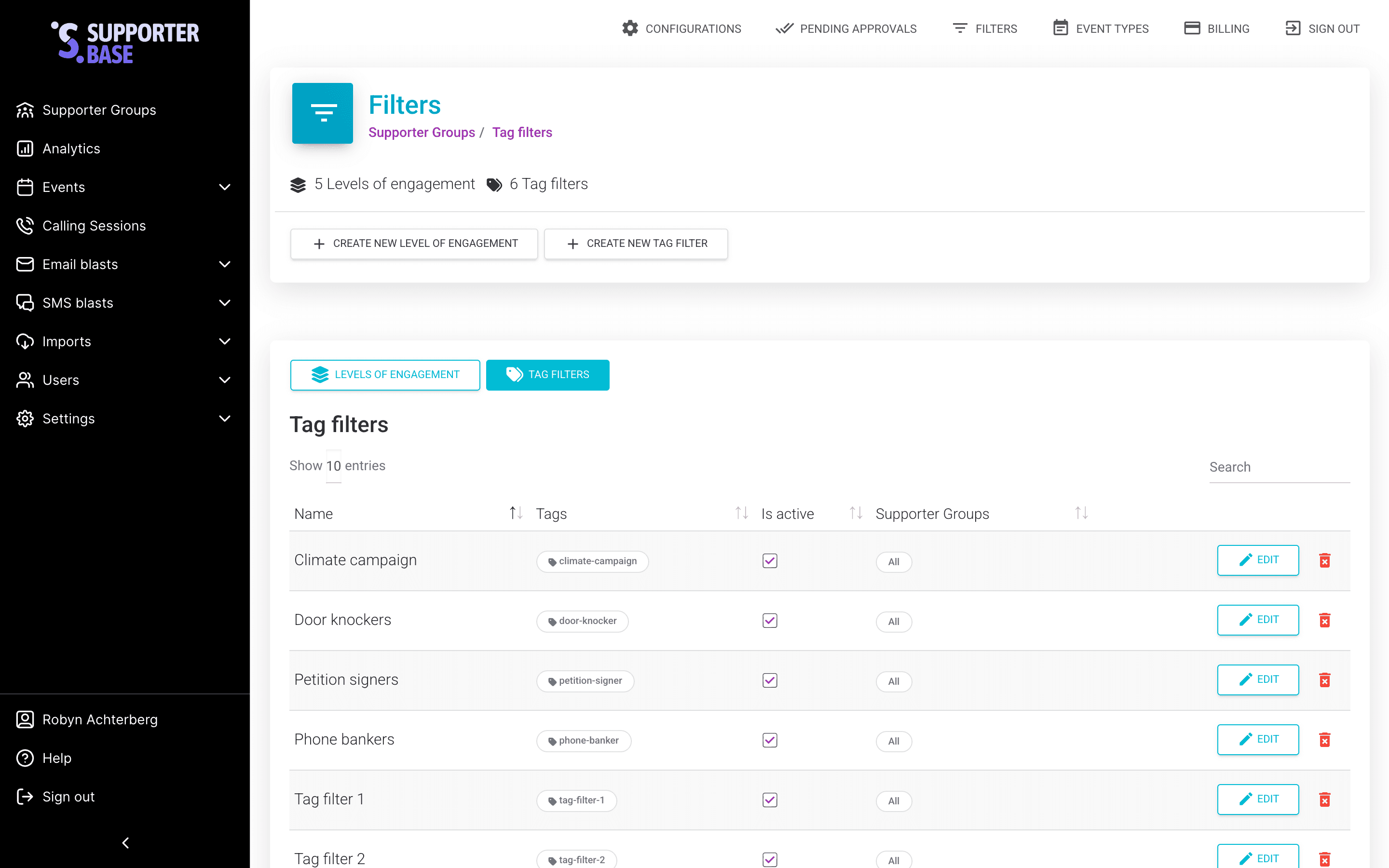 Filters page showing the Levels of engagement tab, listing levels in priority order with their linked tags