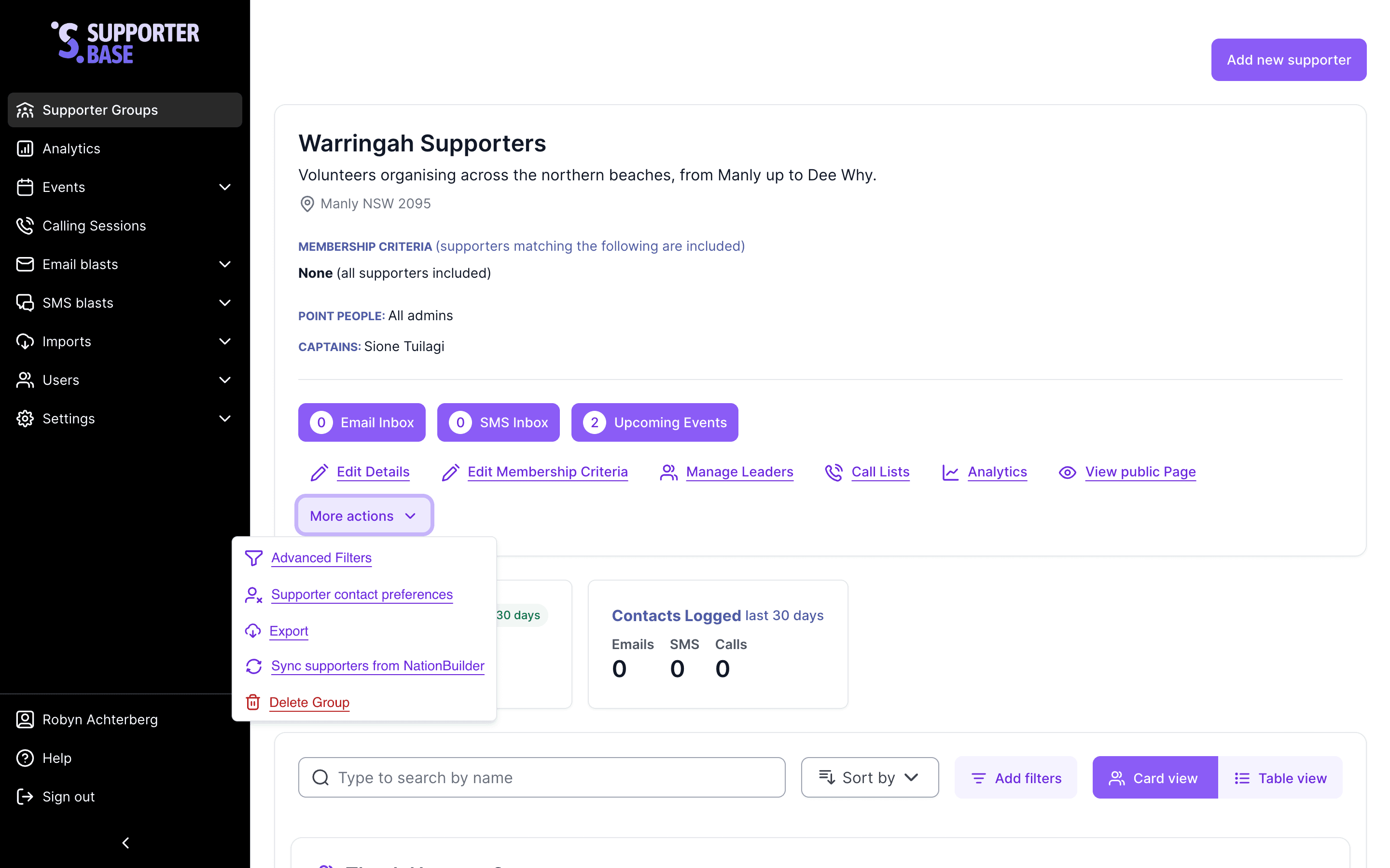 Group page with the More actions menu open and Advanced Filters highlighted