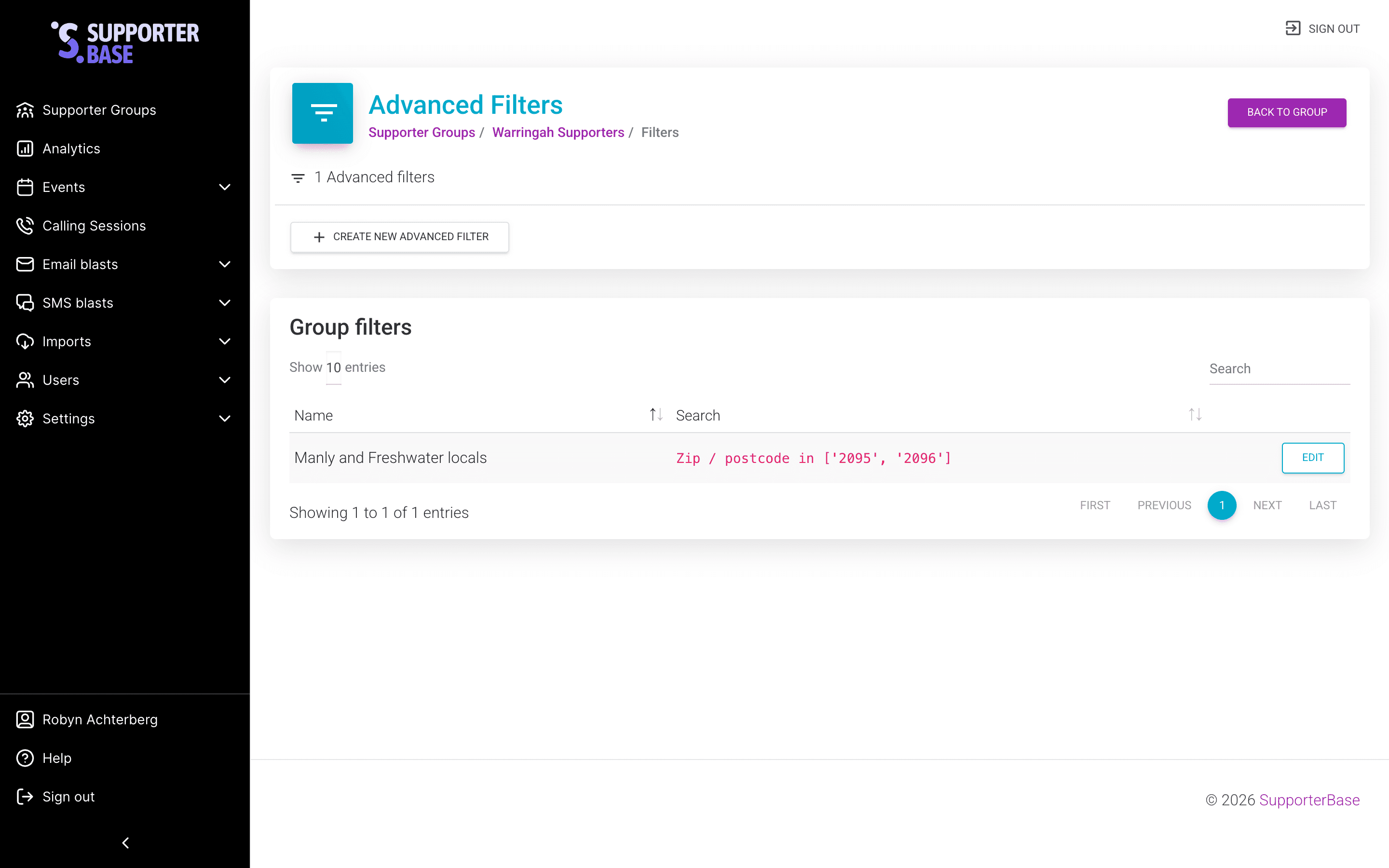 Advanced Filters page for a group listing existing filters, with the Create new advanced filter button highlighted