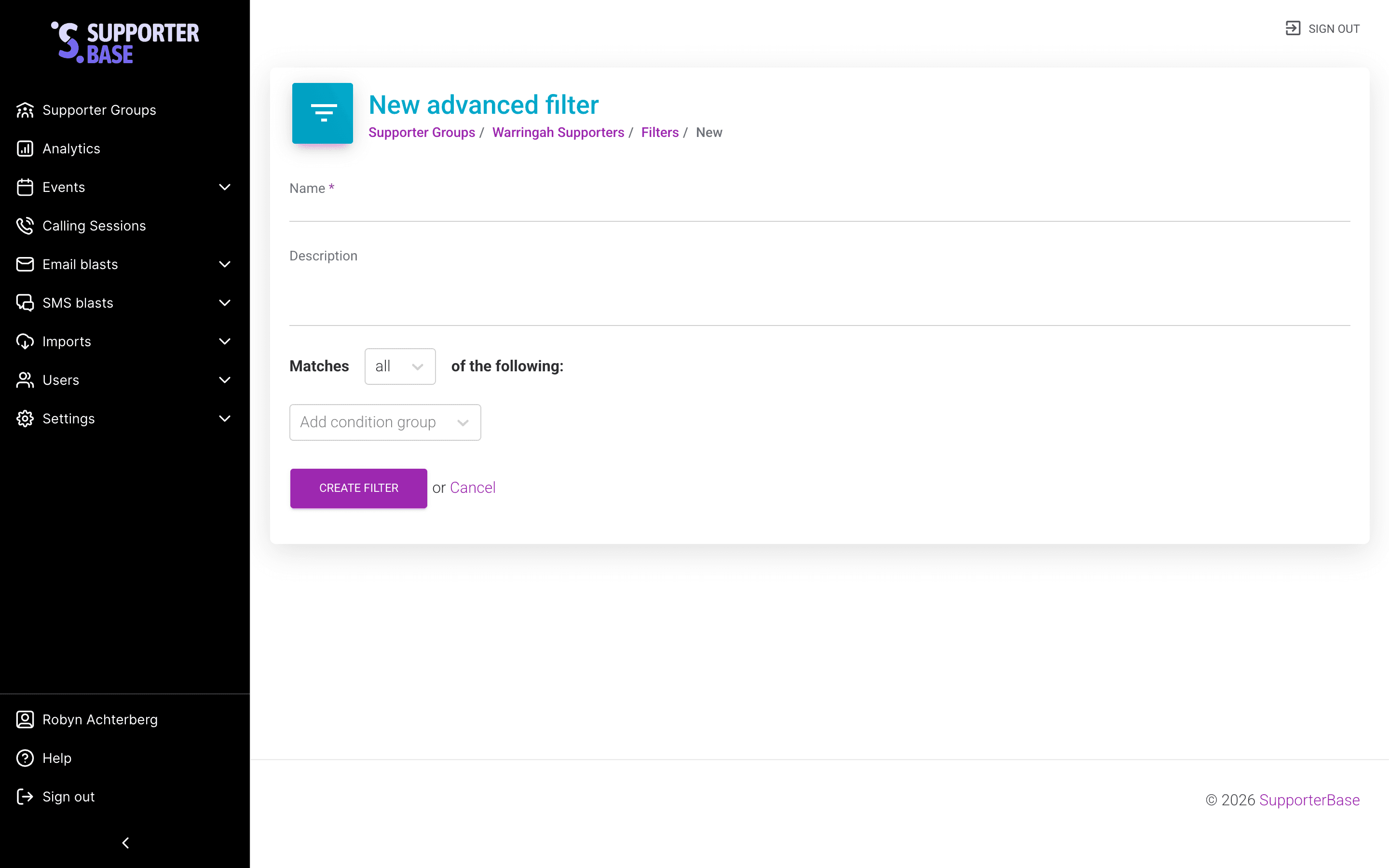 New advanced filter form showing name, description and nested match conditions for tags and postcode
