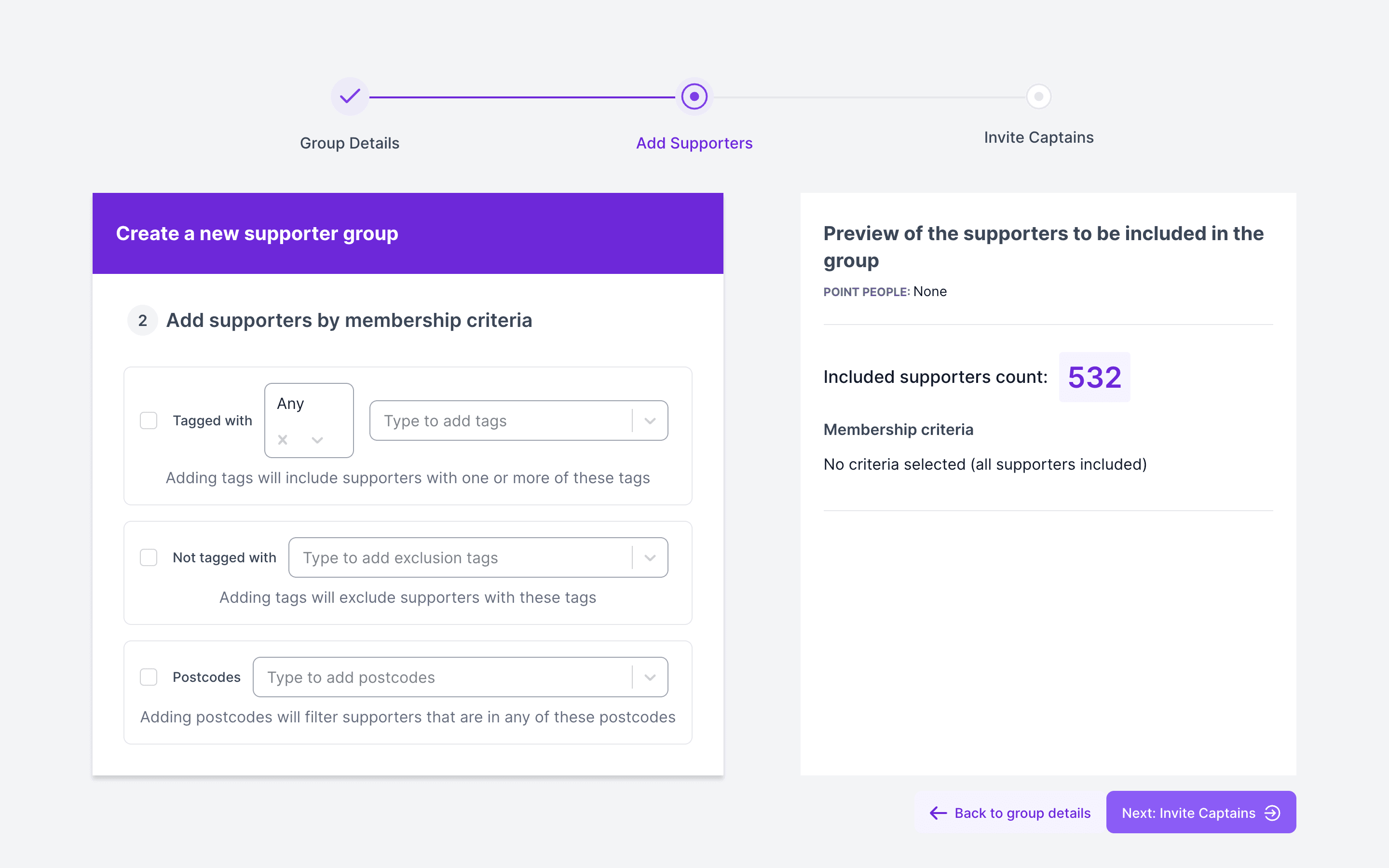 Step 2 of 3, Add Supporters, showing the membership criteria fields