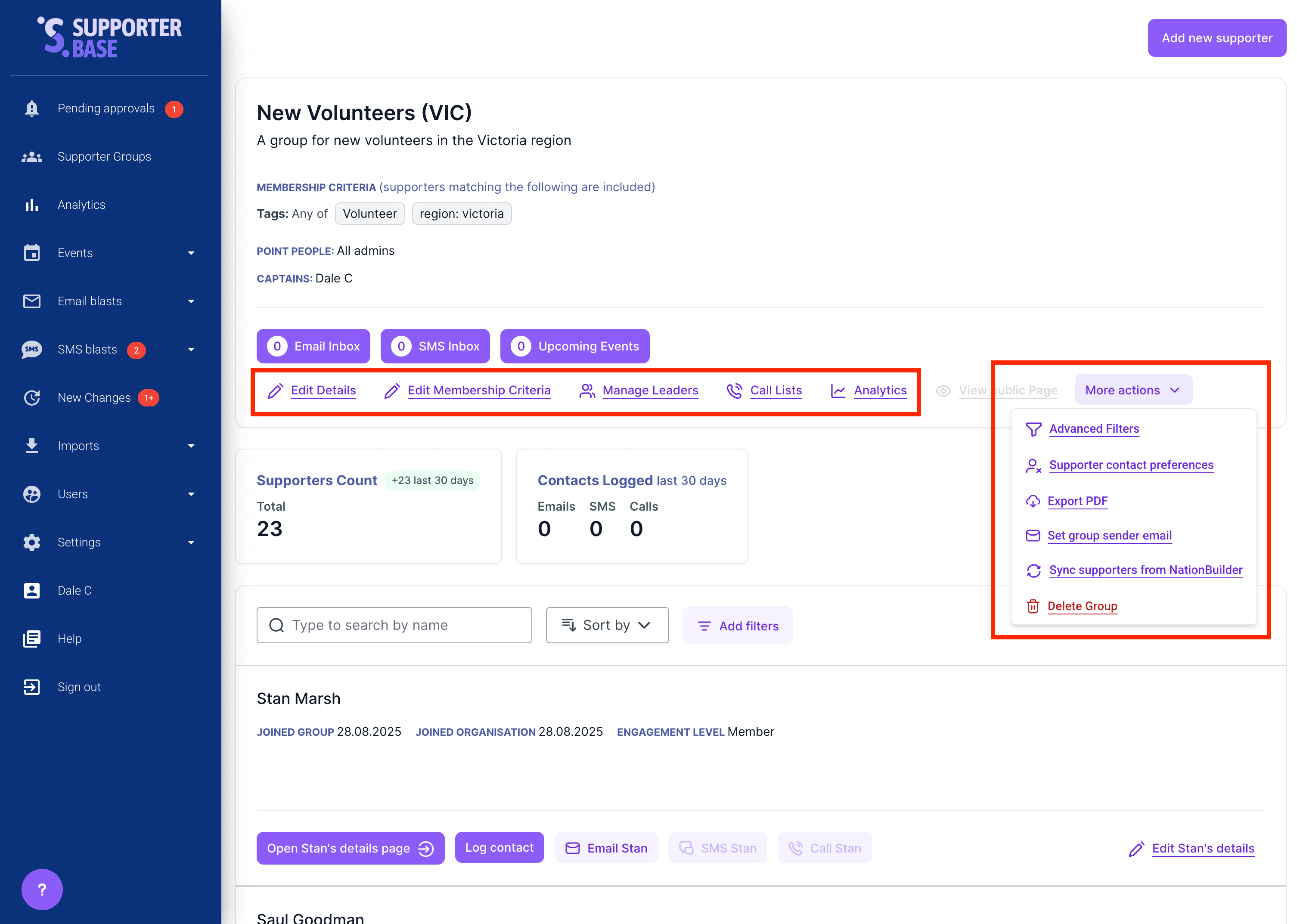 Group management menu