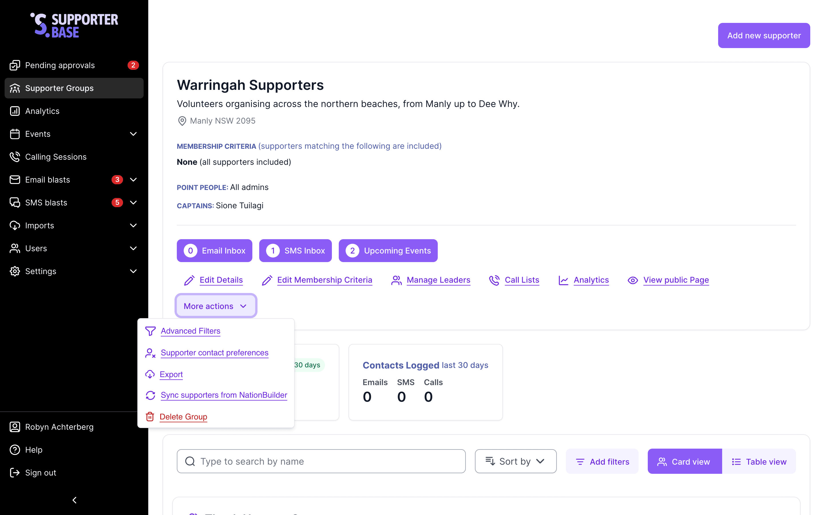 Group page with More actions open, listing Advanced Filters, Supporter contact preferences, Export, Sync supporters from NationBuilder and Delete Group