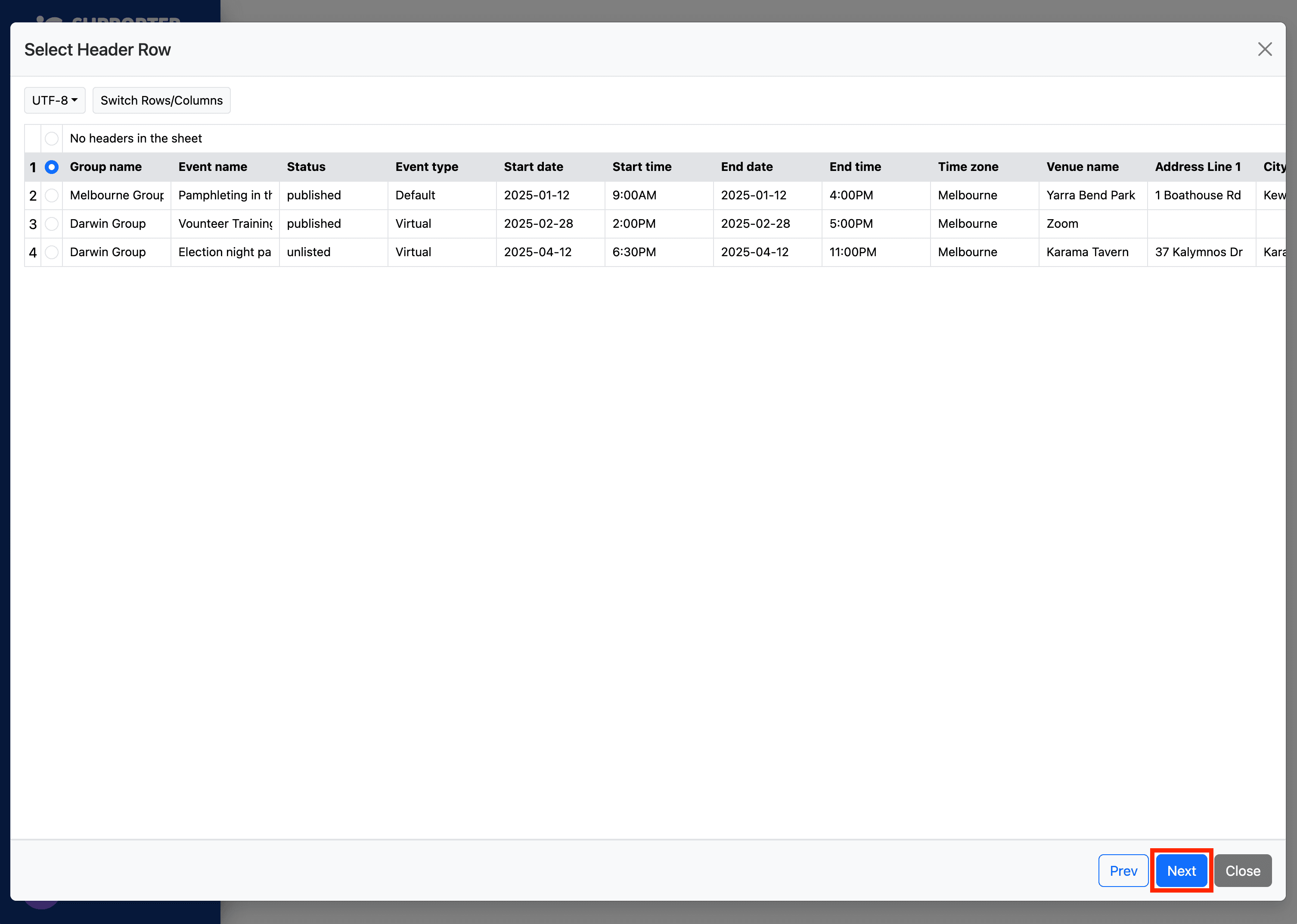 Select header row step of a CSV import, showing the uploaded spreadsheet with the header row selected