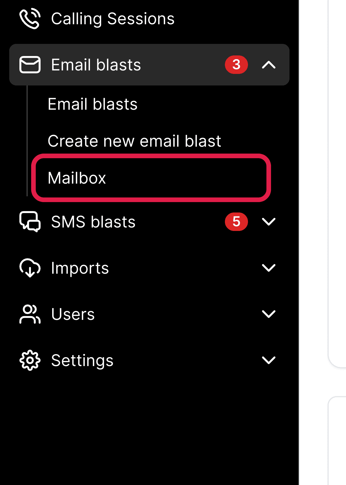 SupporterBase sidebar menu with the Mailbox (email inbox) item highlighted