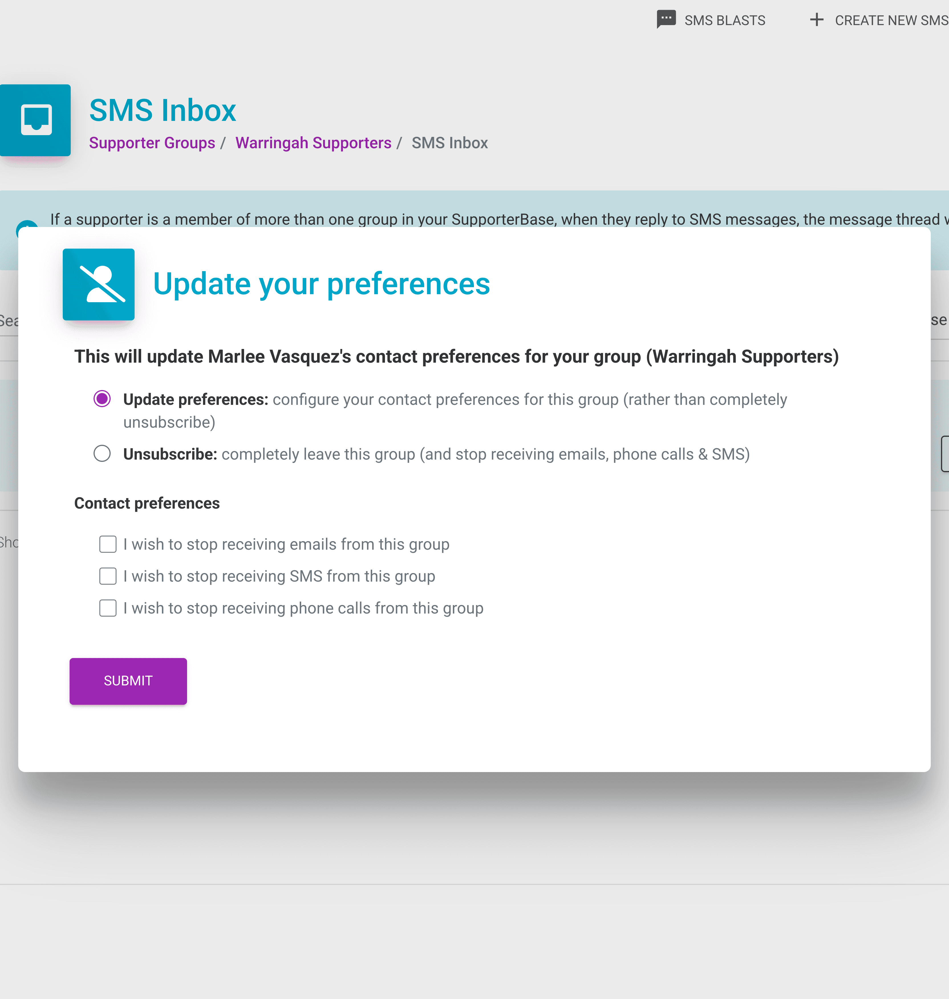Update your preferences pop-up, with checkboxes to stop receiving emails, SMS or phone calls highlighted