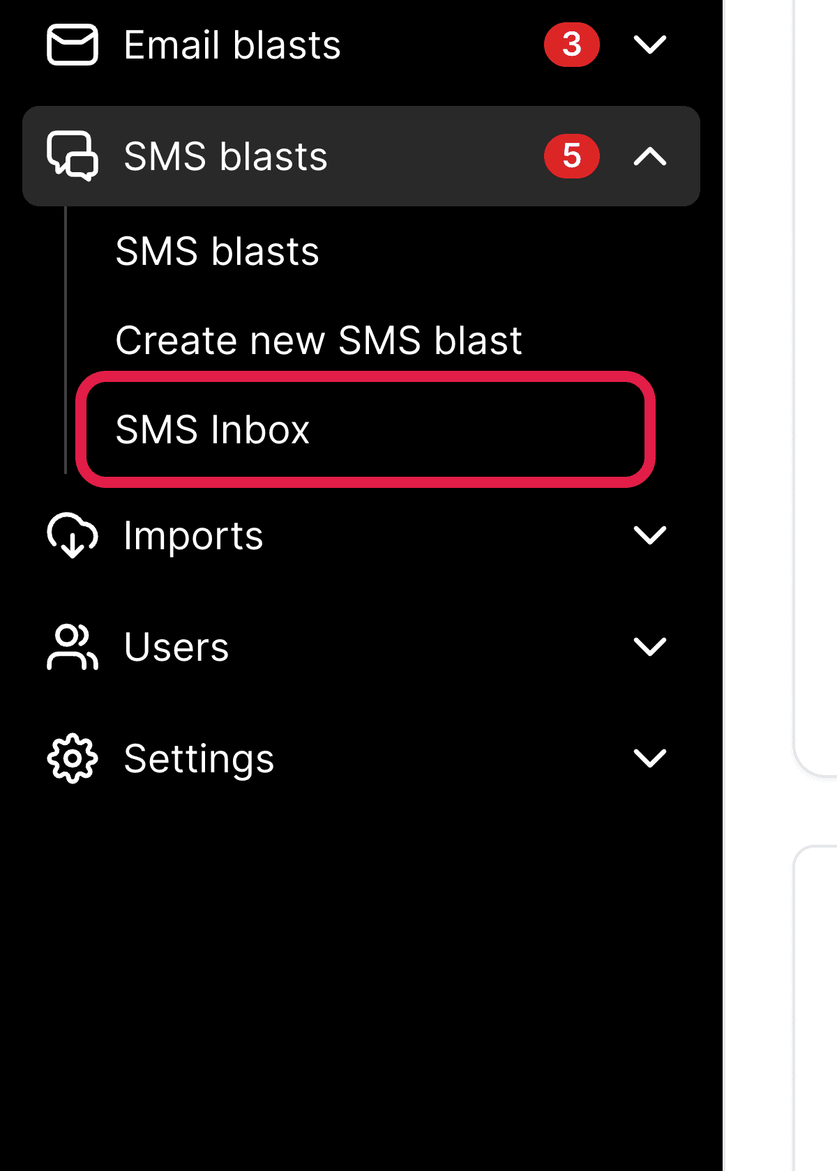 SupporterBase sidebar menu with the SMS Inbox item highlighted under SMS blasts