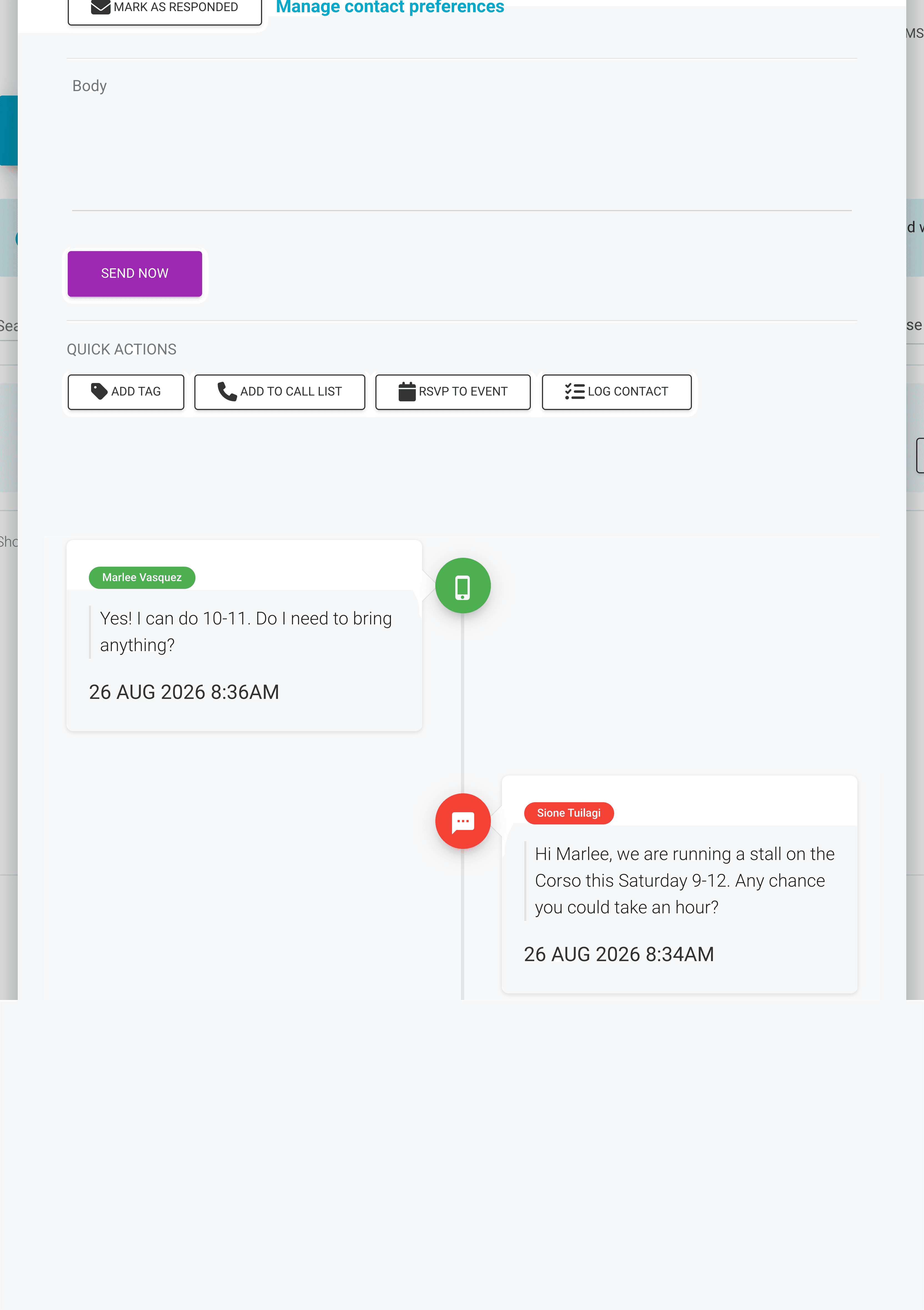 SMS conversation pop-up showing the reply field, Send Now button and RSVP button above a message thread