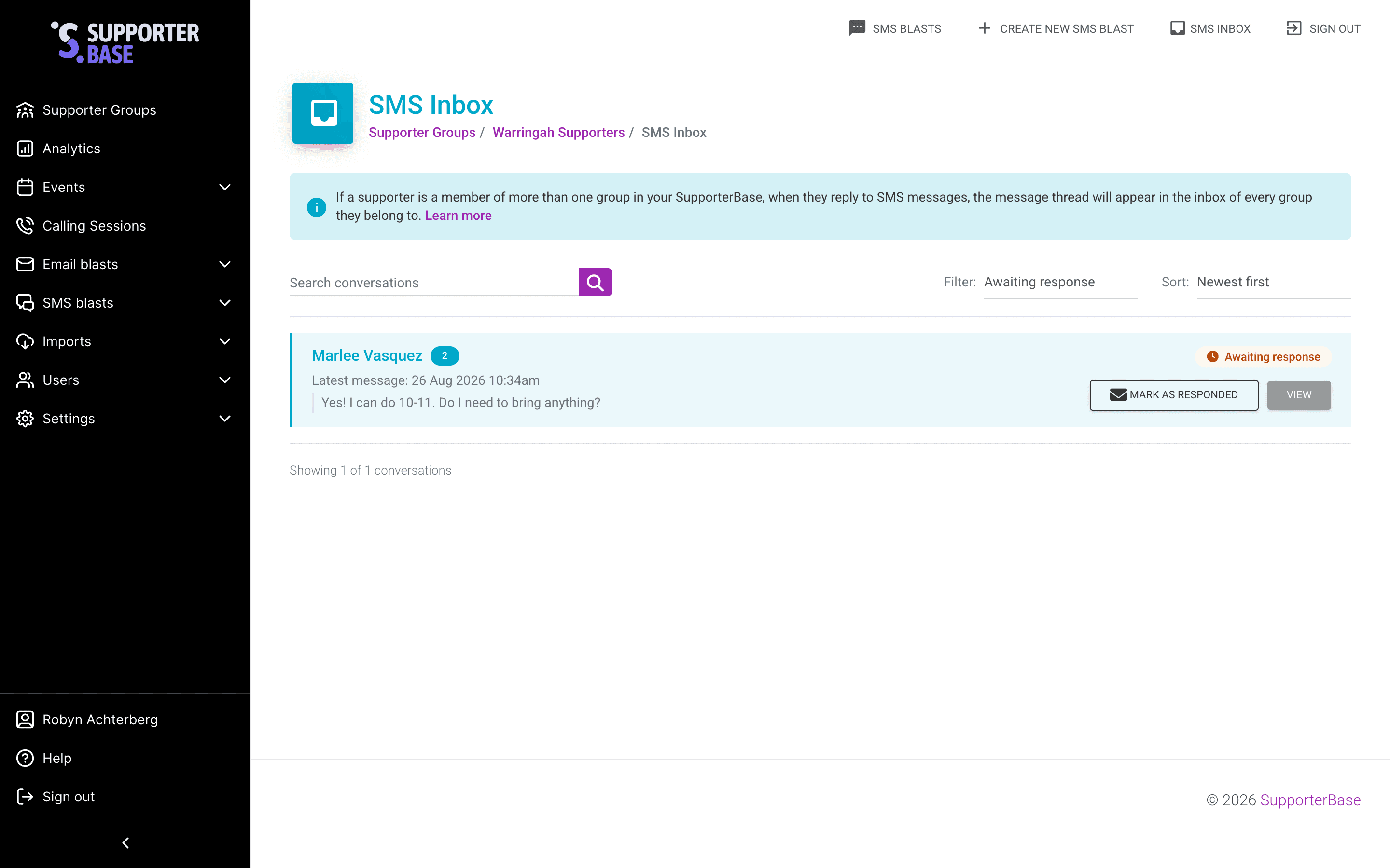 SMS Inbox thread list with the 'Mark as responded' link highlighted next to a supporter's thread