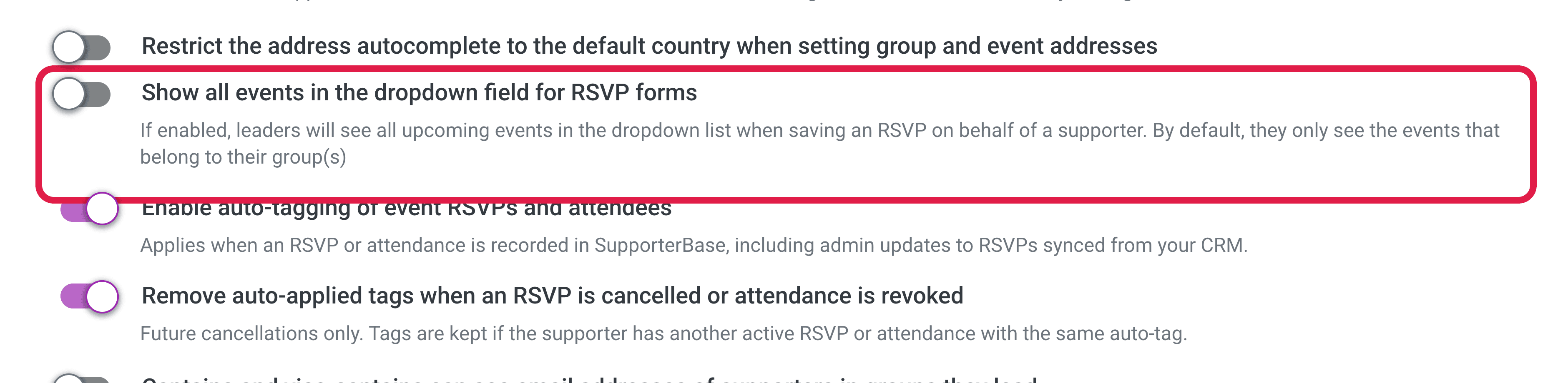 The 'Show all events in the dropdown field for RSVP forms' toggle in Configurations, with its explanatory hint