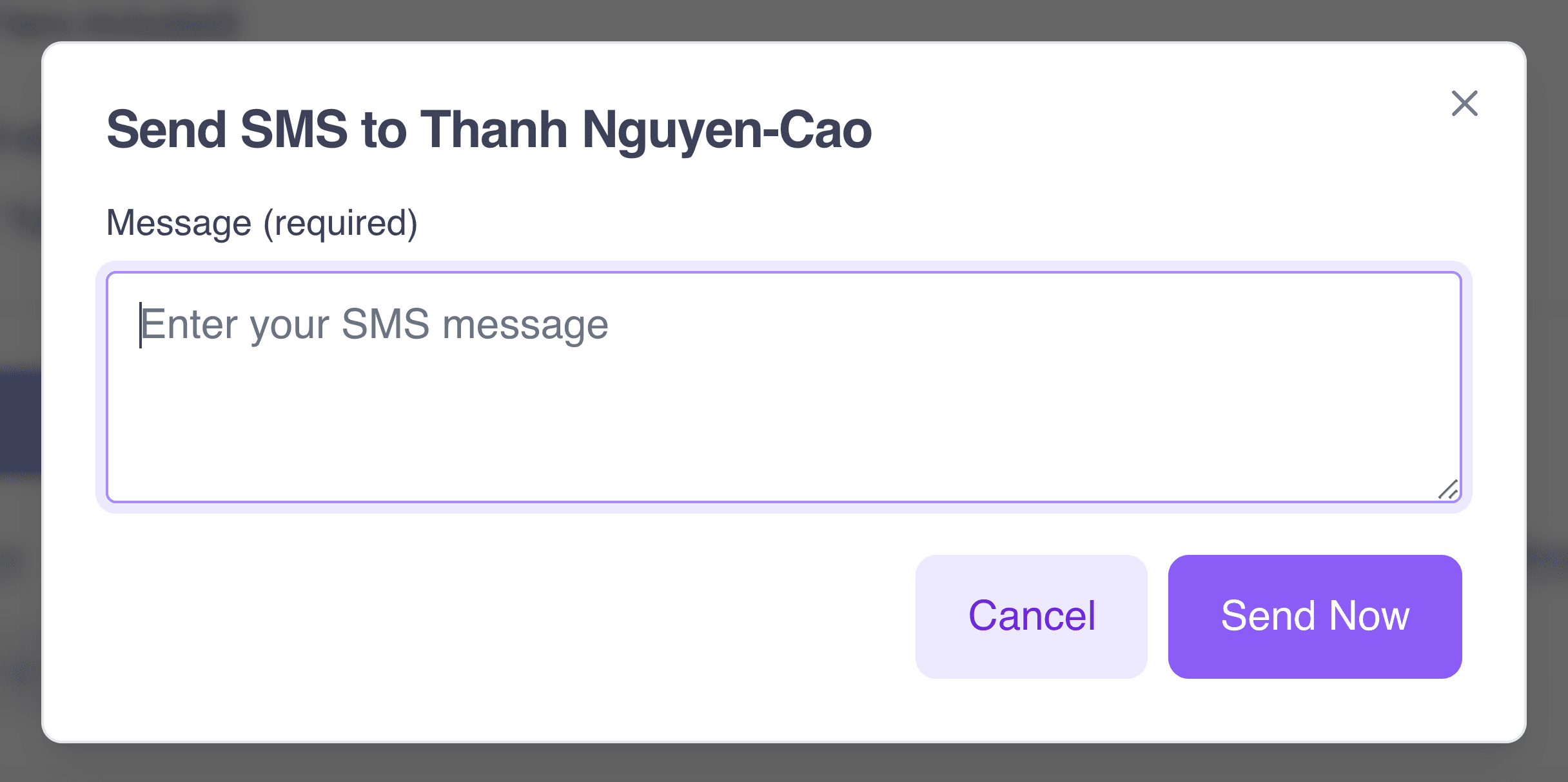 Send SMS dialog for a supporter, with the Message field and the Send Now button