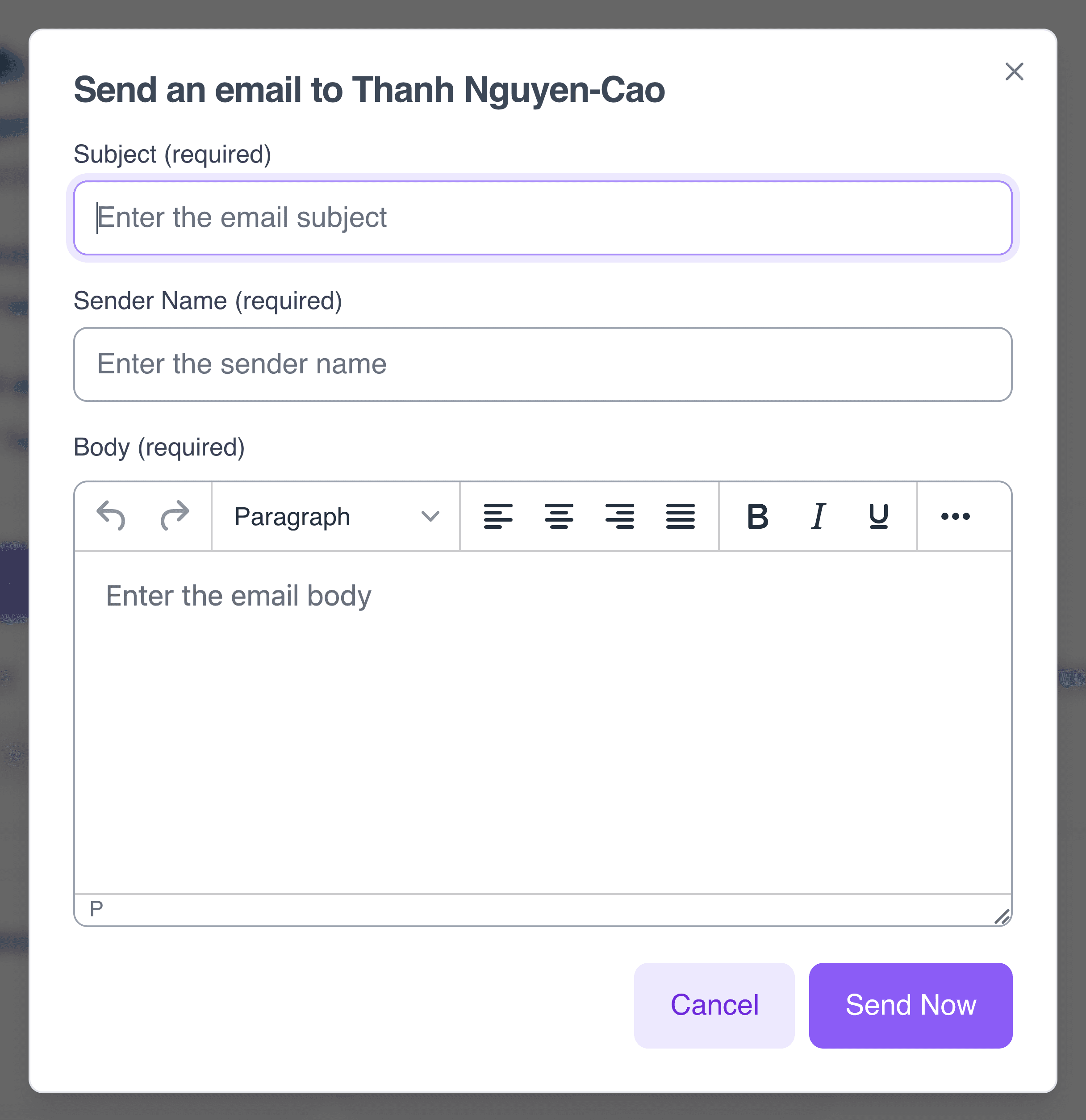 Send email dialog for a supporter, with Subject, Sender Name and a rich-text Body field