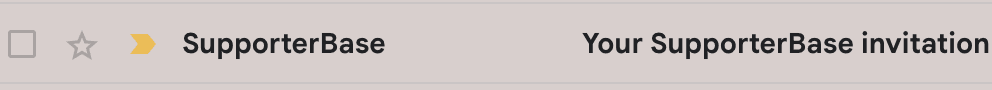 Inbox view showing the SupporterBase invitation email in the message list