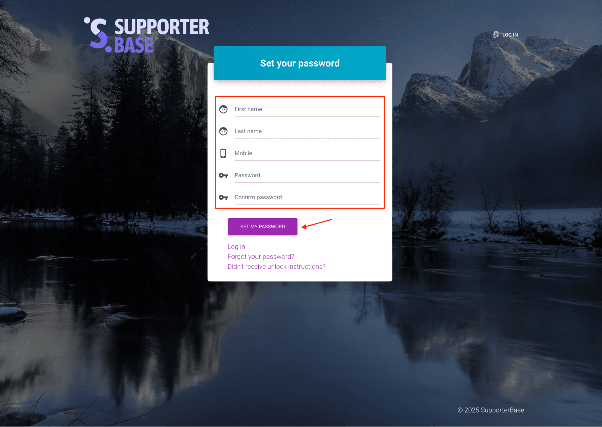 Registration page for setting a password, with the name, mobile and password fields highlighted and an arrow to the Set my password button