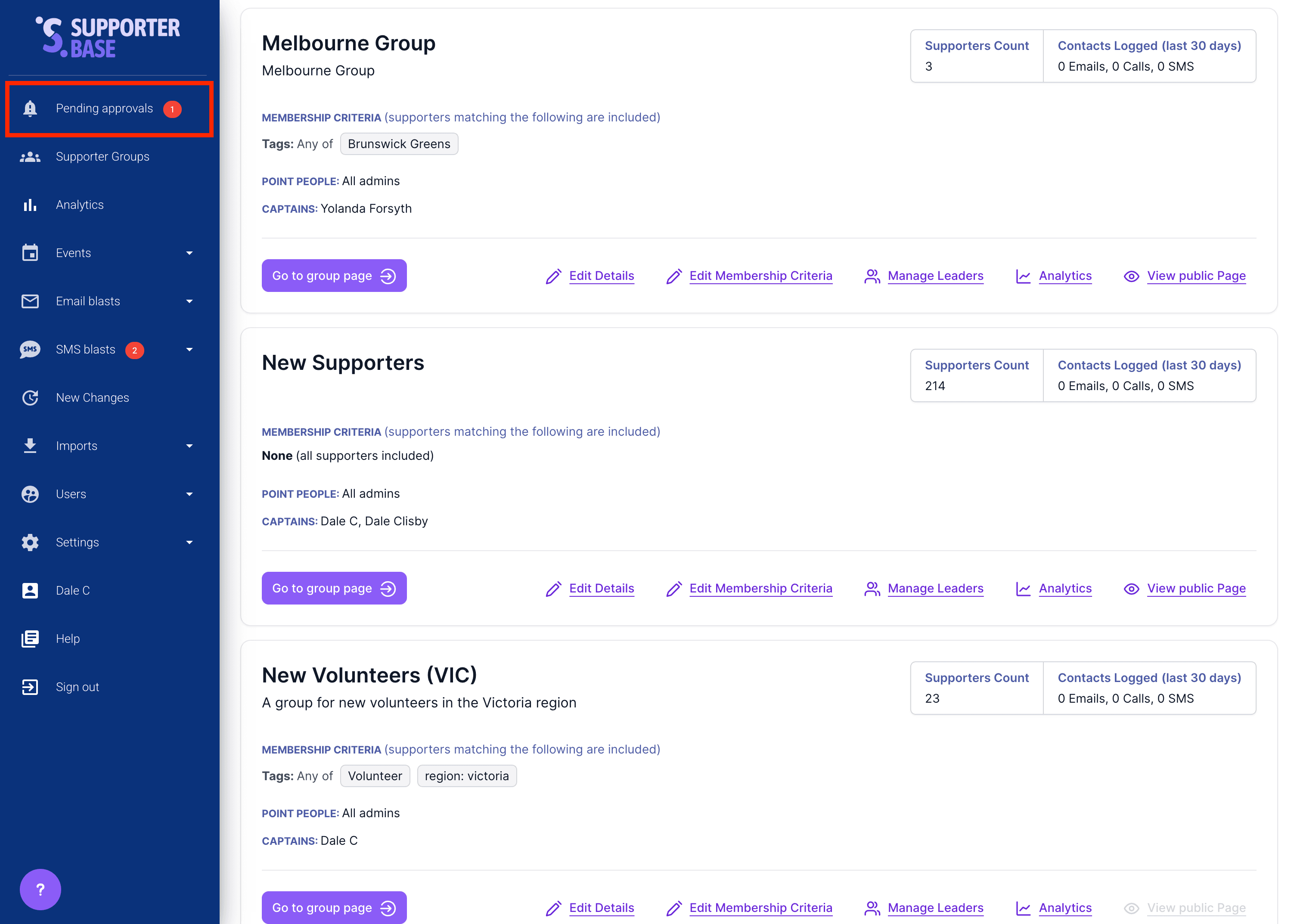 Pending approvals menu