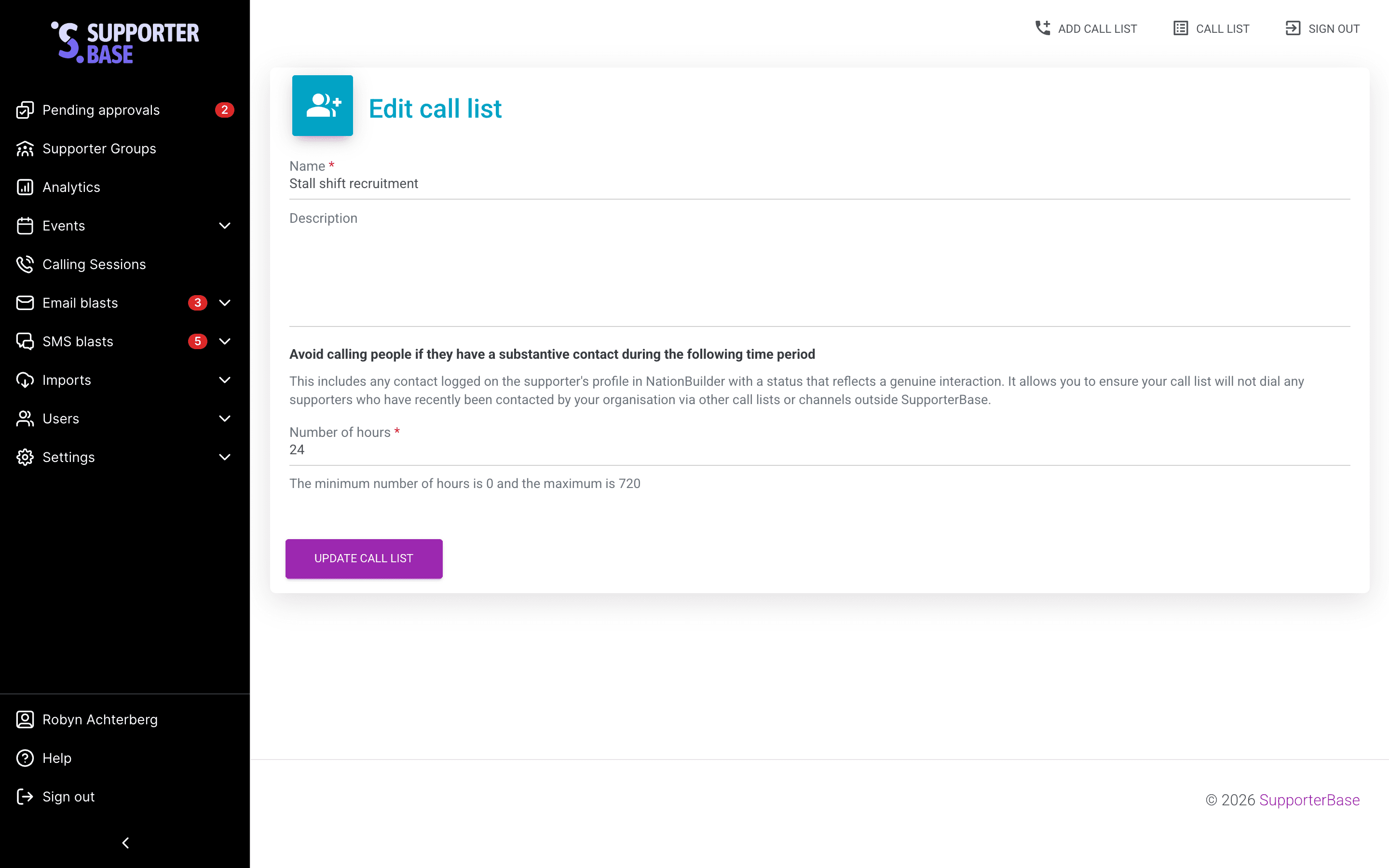 Call list settings form, where the minimum time between calls is set