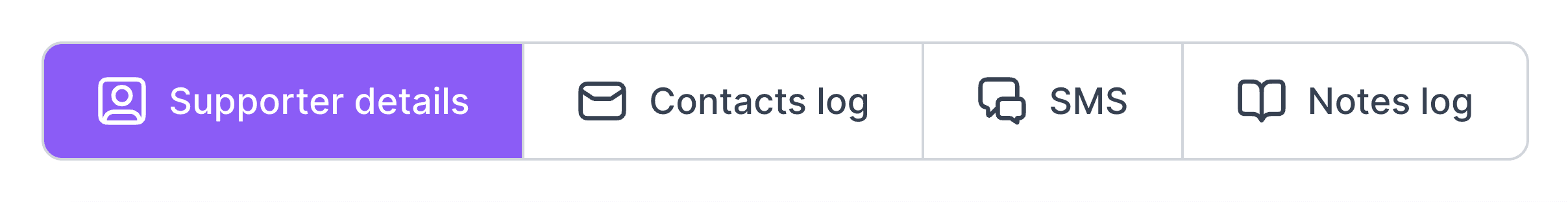 The four supporter profile tabs: Supporter details, Contacts log, SMS and Notes log