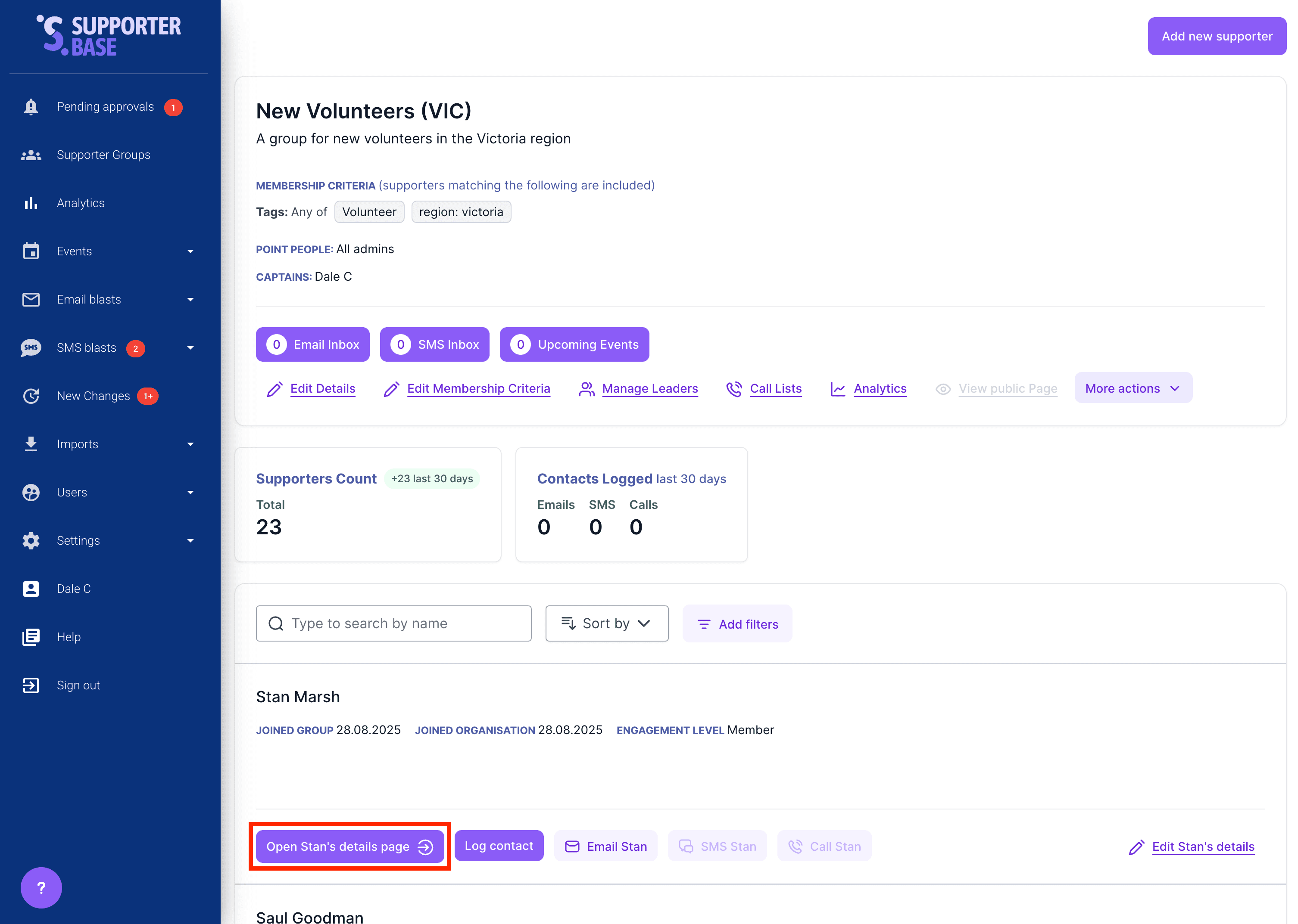 Supporter list with filters