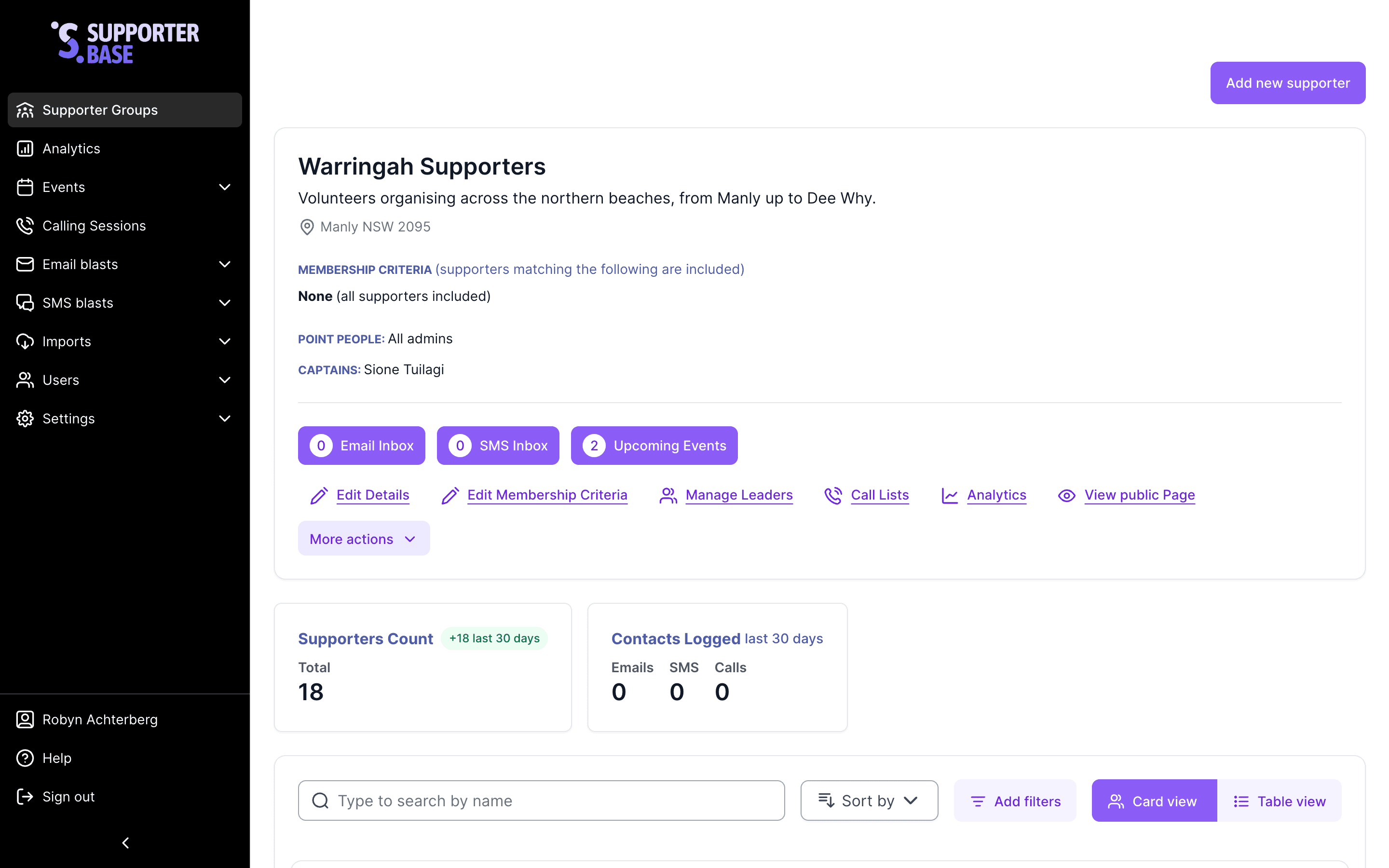 Warringah Supporters group page listing supporters in card view, with the search, Sort by and Add filters controls above the list
